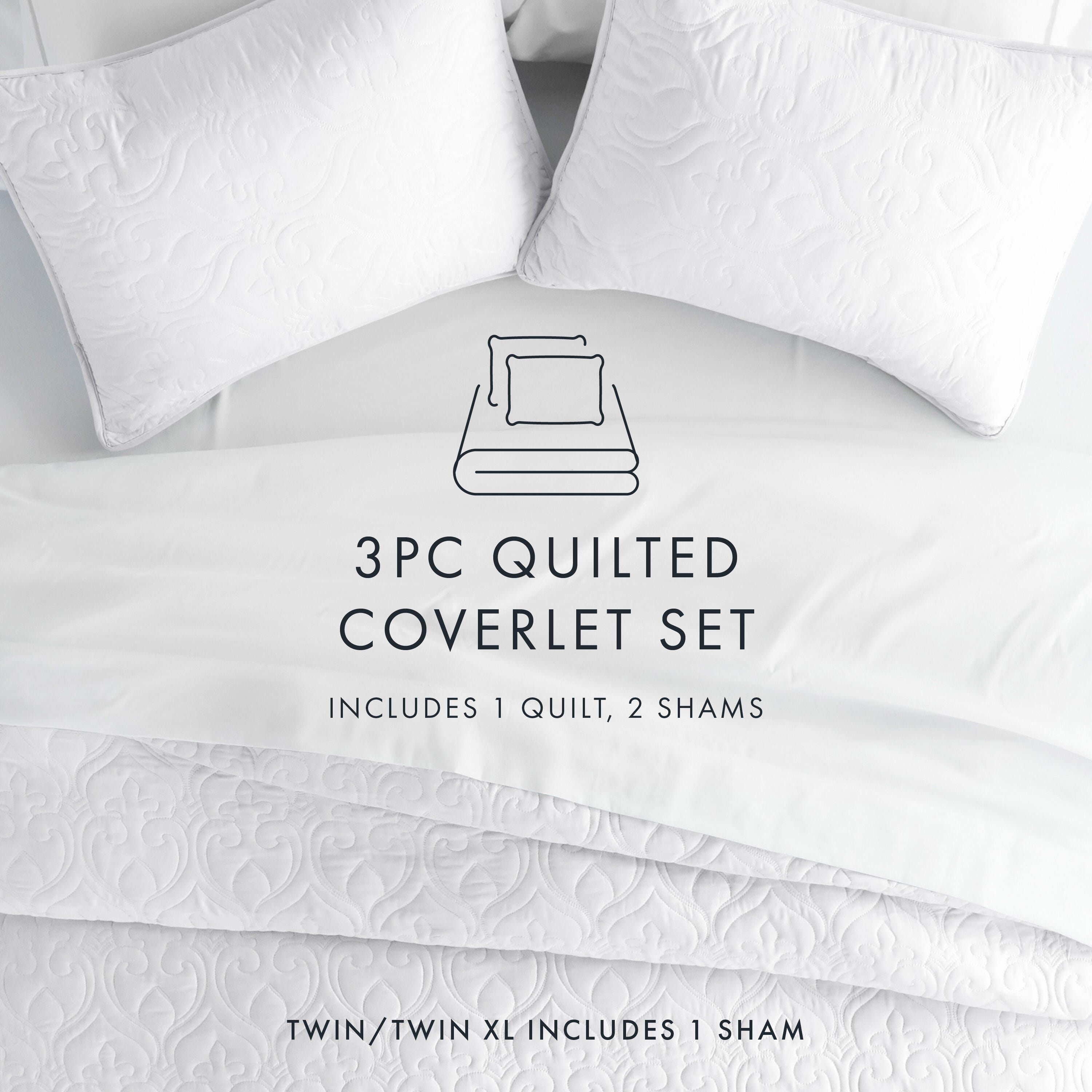 Damask Patterned 3-Piece King/California King Quilted Coverlet Set, White, large