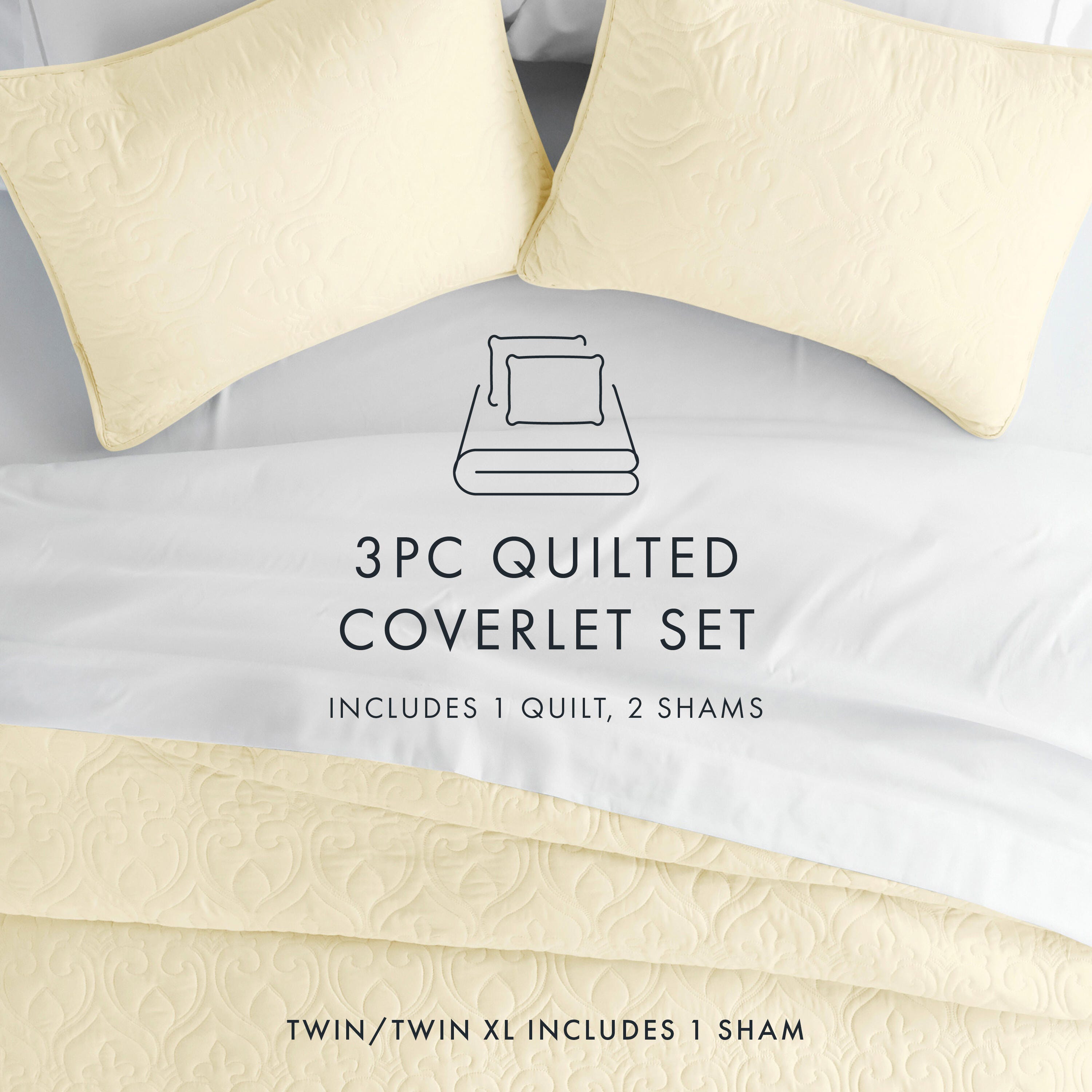 Damask Patterned 3-Piece King/California King Quilted Coverlet Set, Yellow, large
