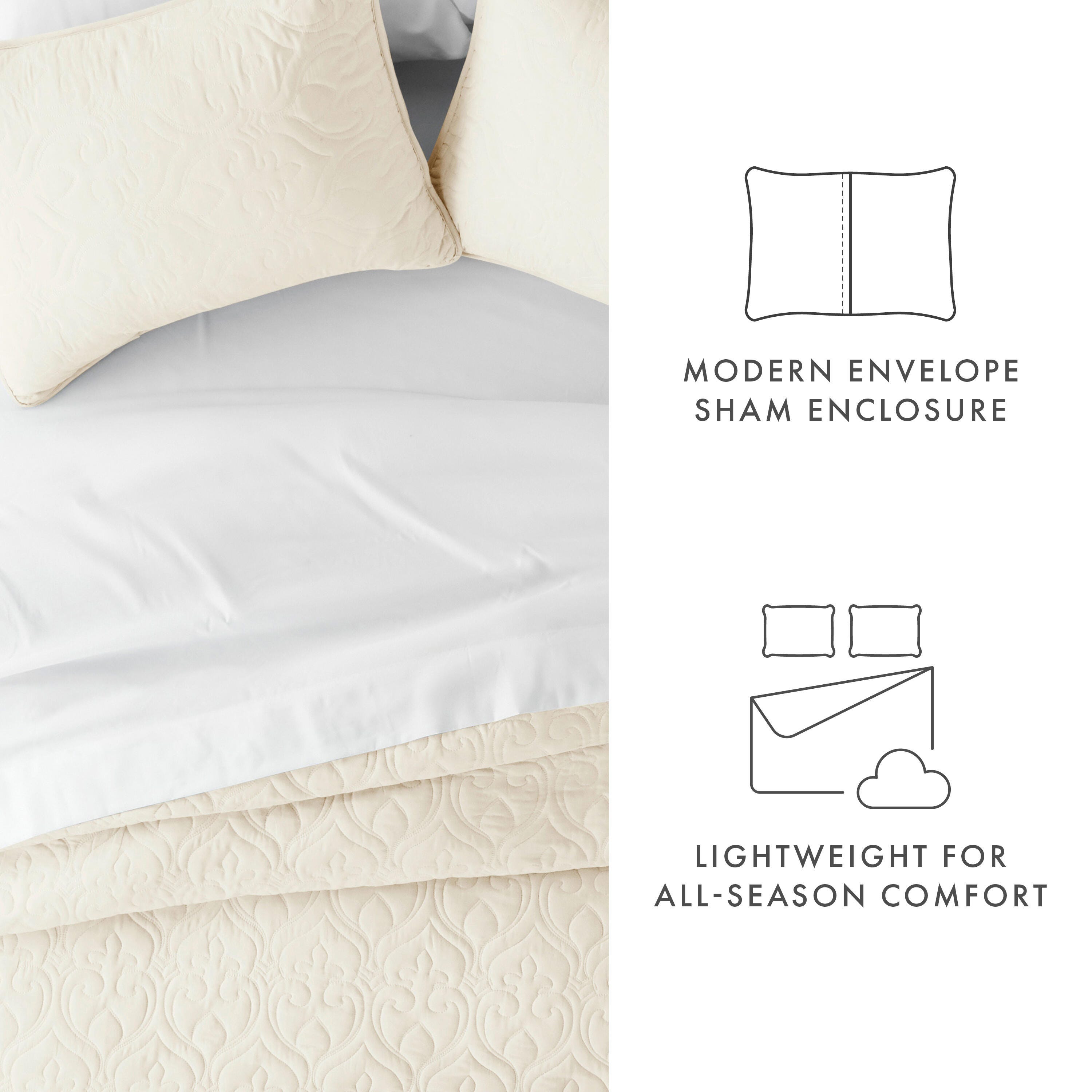 Damask Patterned 3-Piece Full/Queen Quilted Coverlet Set, Ivory, large