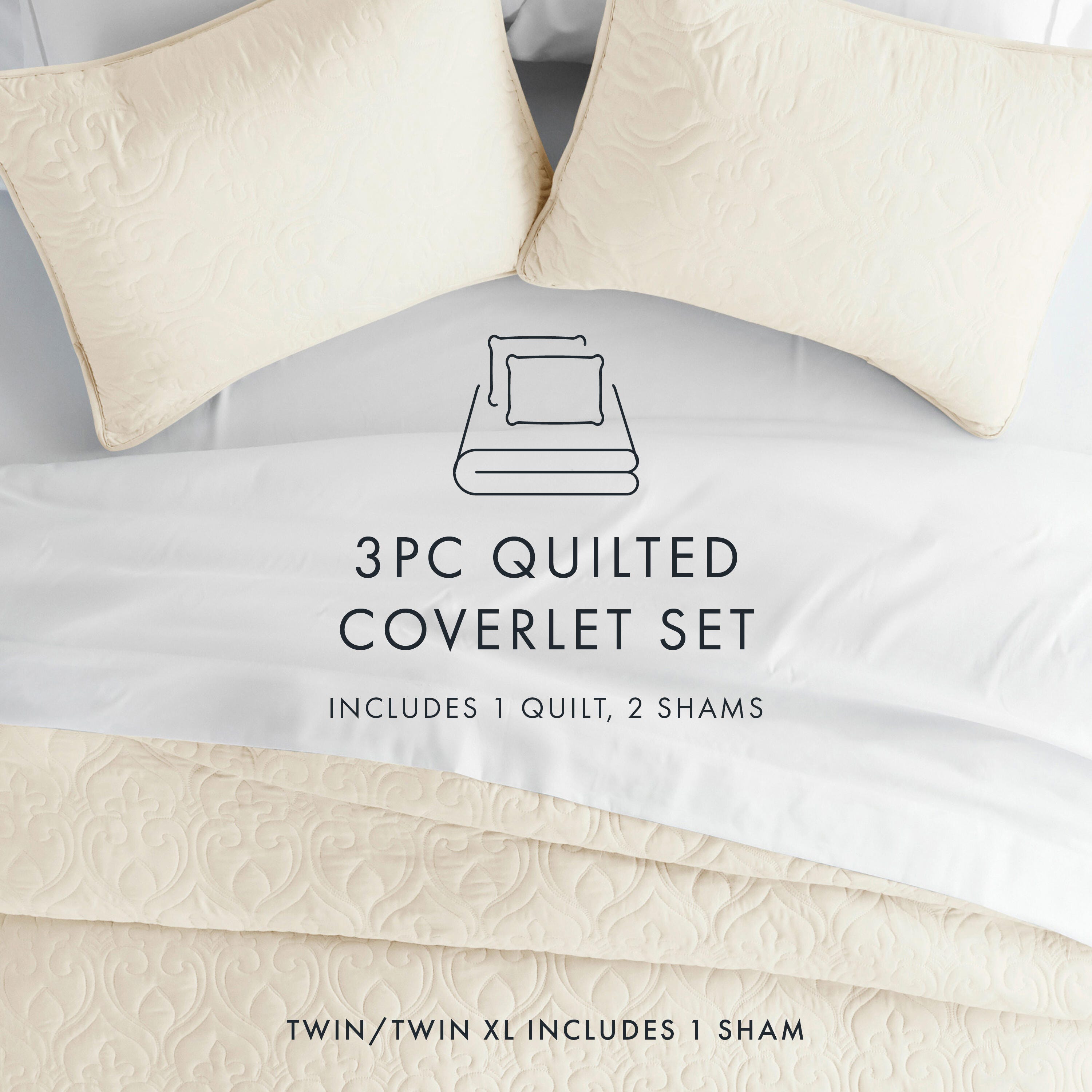 Damask Patterned 3-Piece Full/Queen Quilted Coverlet Set, Ivory, large