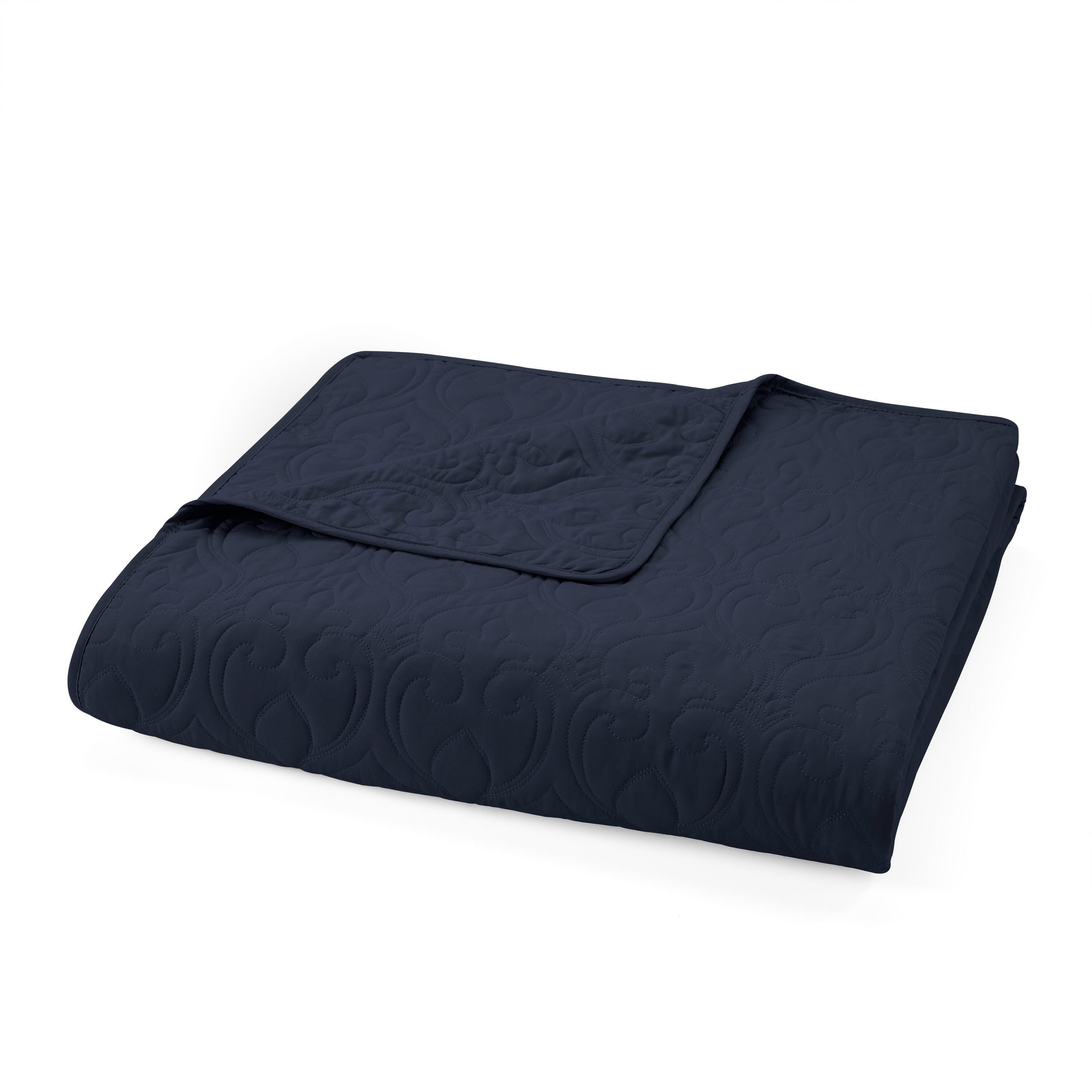 Damask Patterned 3-Piece Full/Queen Quilted Coverlet Set, Navy, large