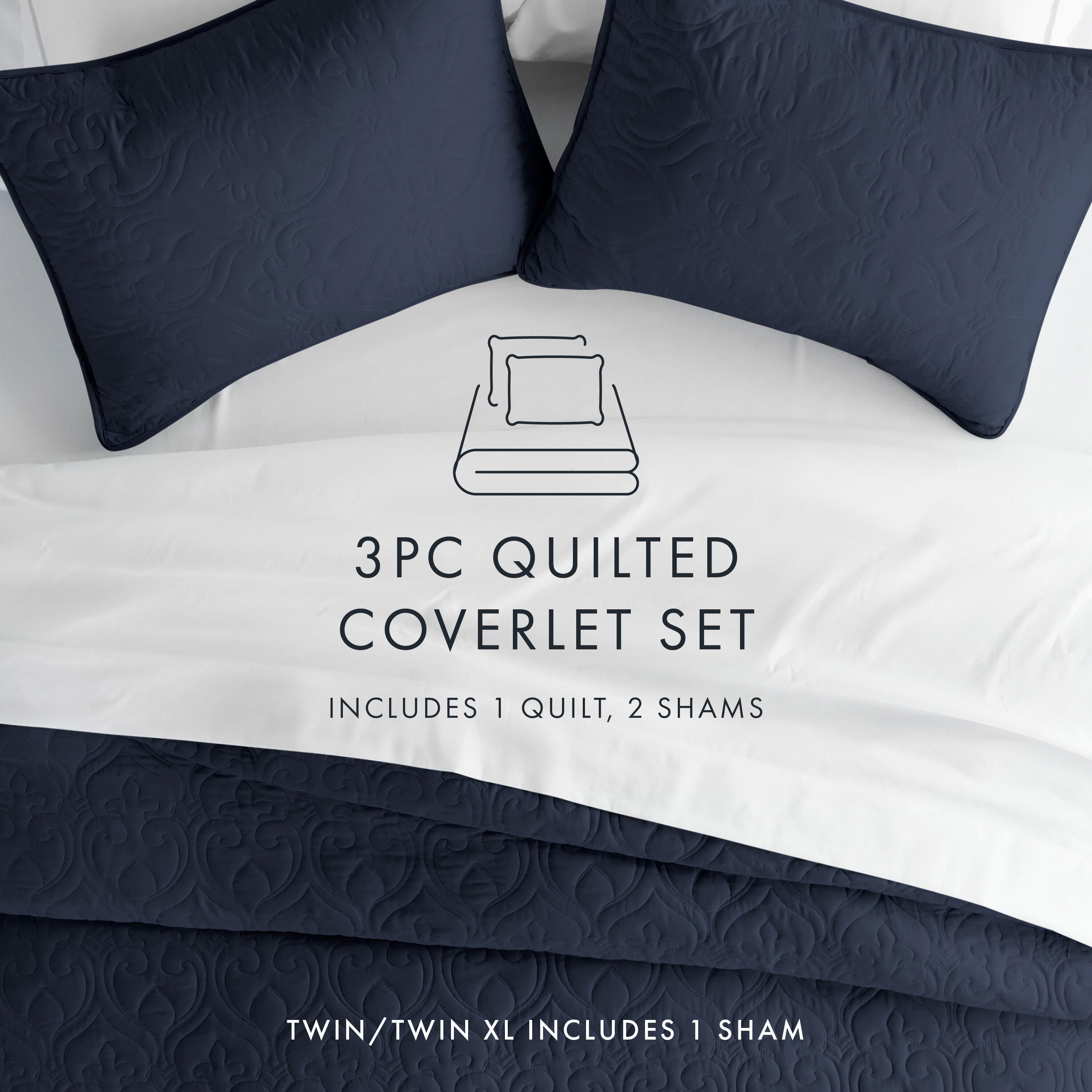 Damask Patterned 3-Piece Full/Queen Quilted Coverlet Set, Navy, large