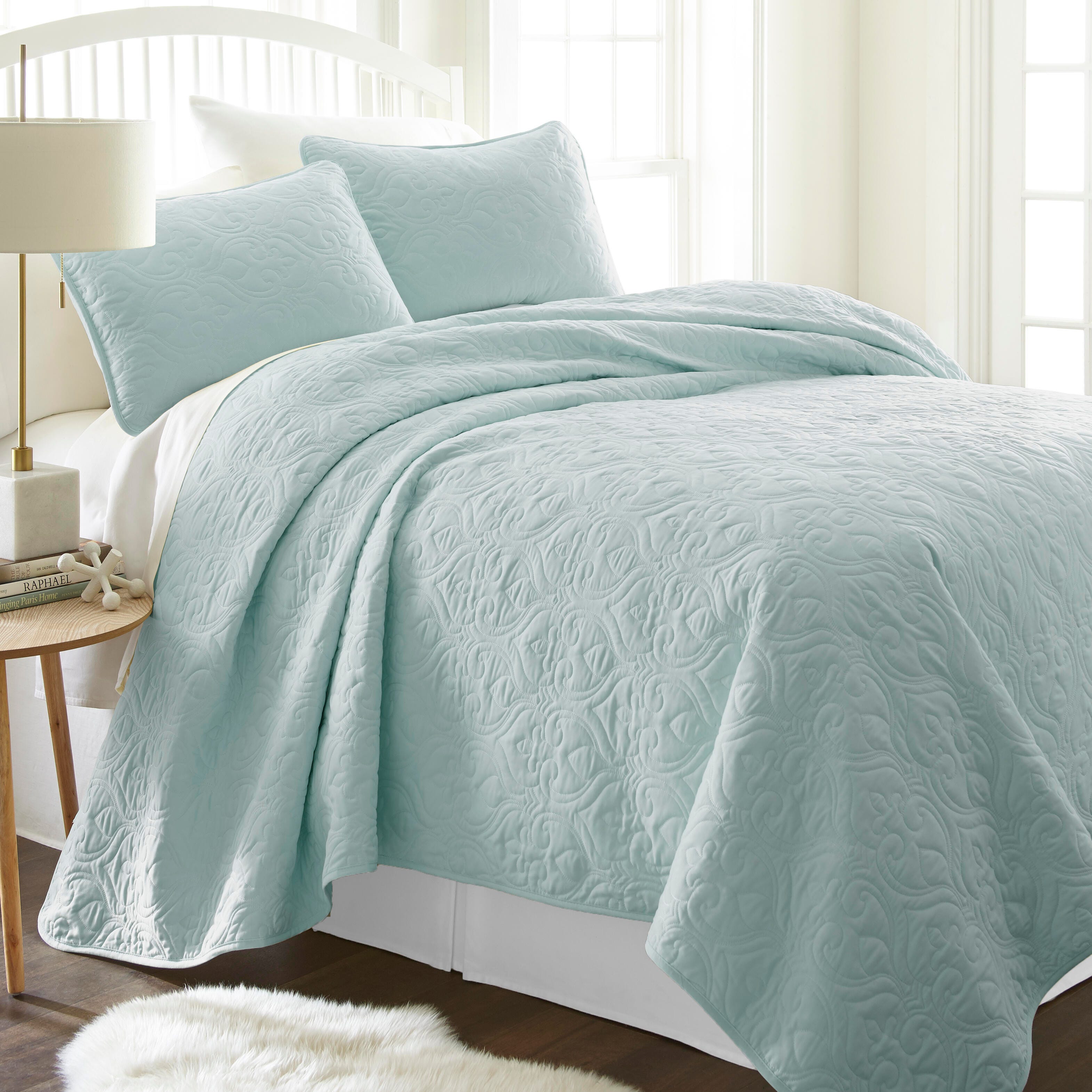 Damask Patterned 3-Piece Full/Queen Quilted Coverlet Set, Pale Blue, large