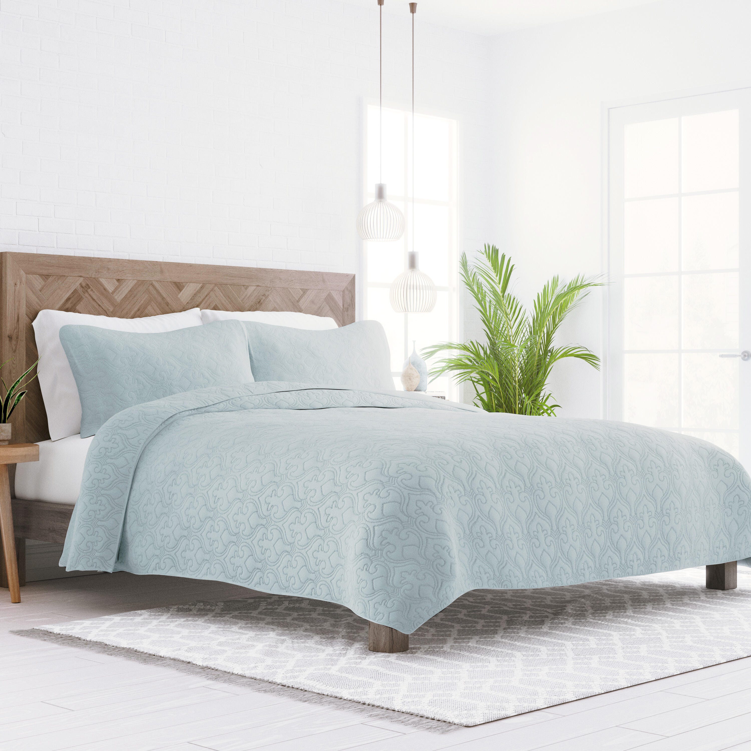 Damask Patterned 3-Piece Full/Queen Quilted Coverlet Set, Pale Blue, large