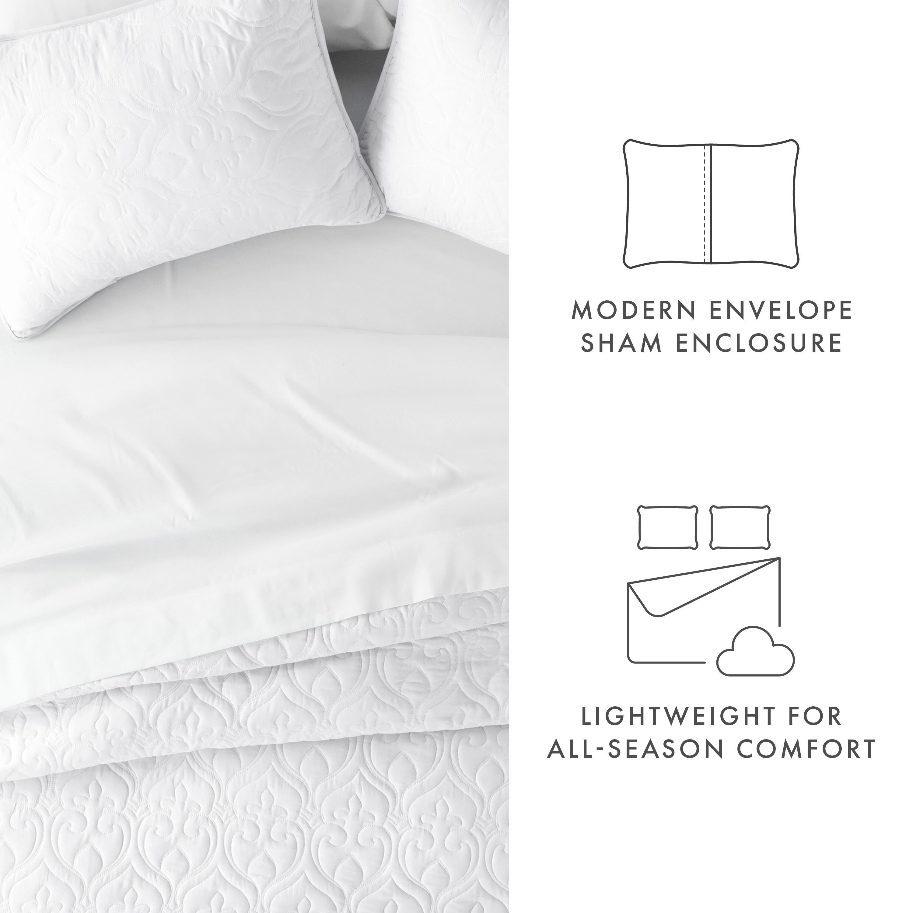 Damask Patterned 3-Piece Full/Queen Quilted Coverlet Set, White, large