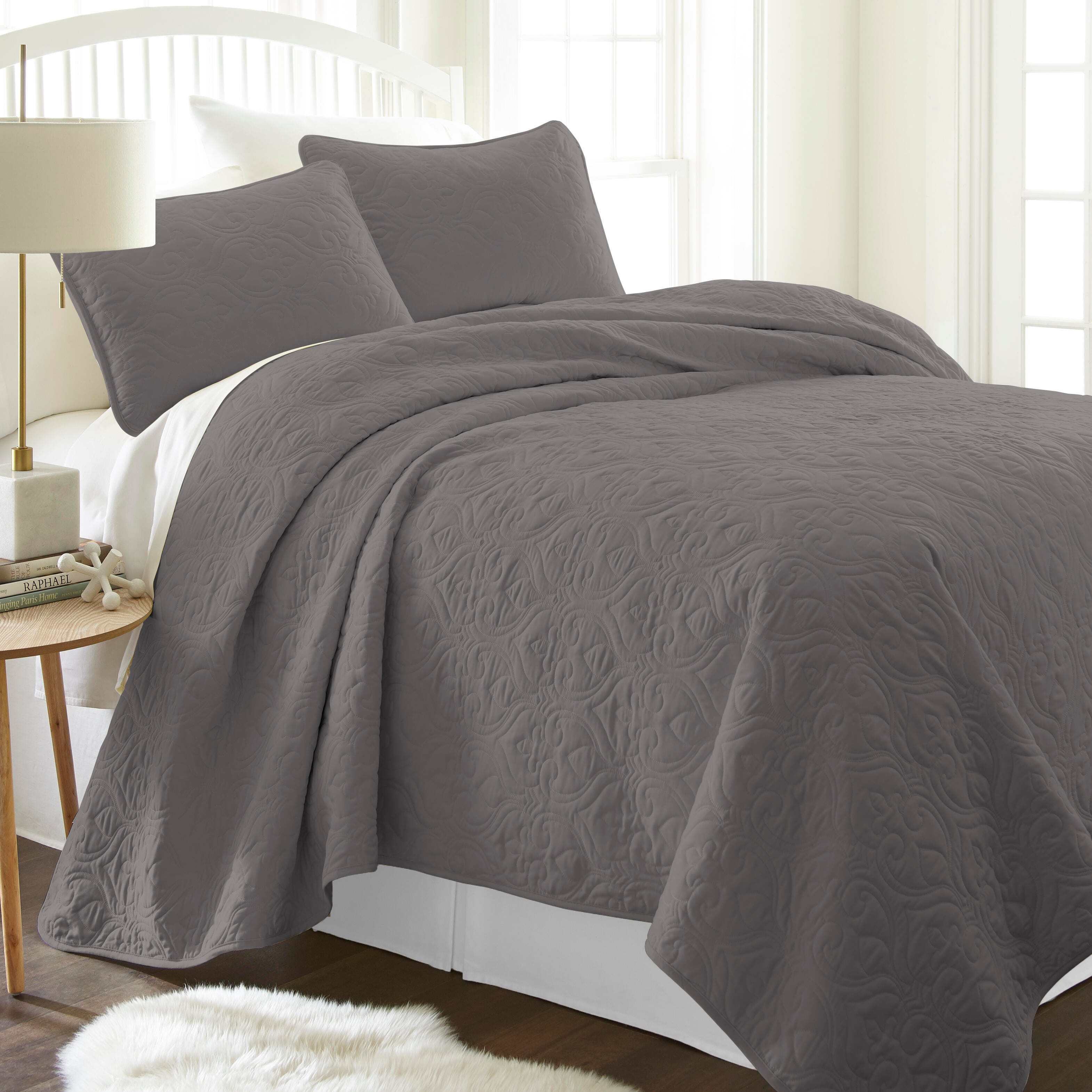 Damask Patterned 3-Piece Twin/Twin XL Quilted Coverlet Set, Gray, large