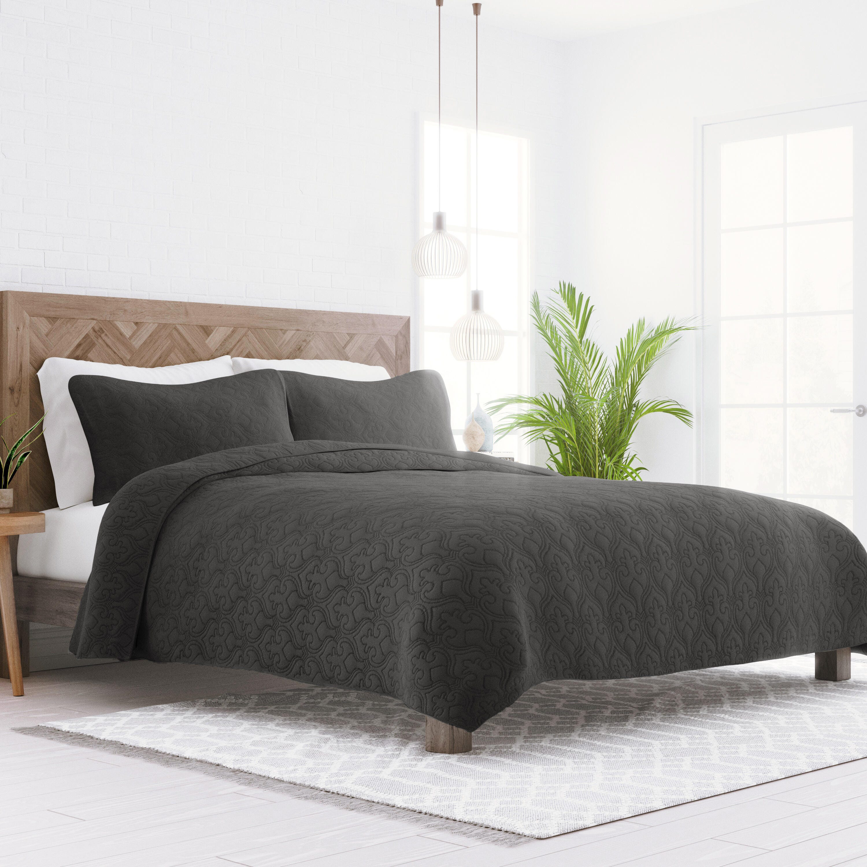 Damask Patterned 3-Piece Twin/Twin XL Quilted Coverlet Set, Gray, rollover