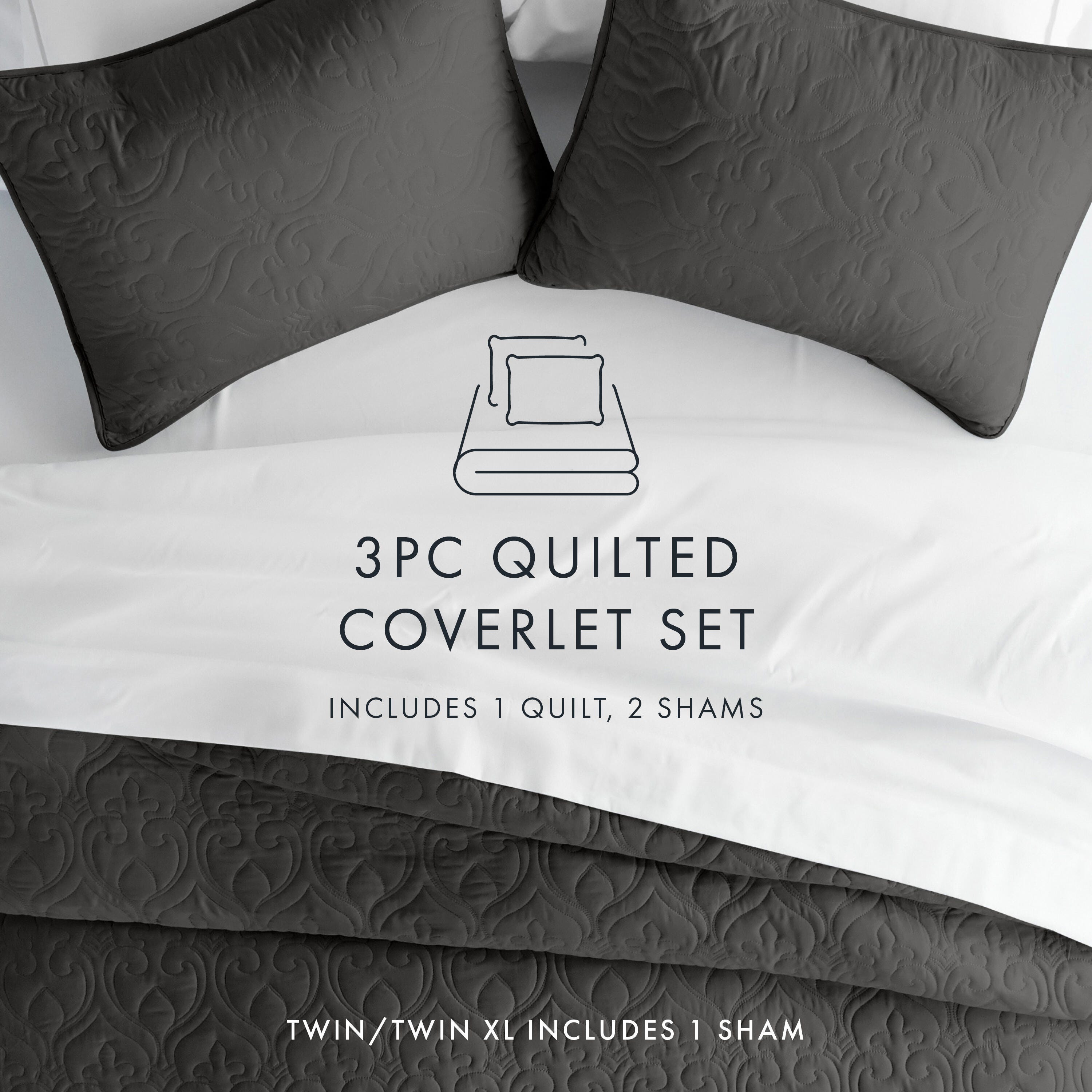 Damask Patterned 3-Piece Twin/Twin XL Quilted Coverlet Set, Gray, large