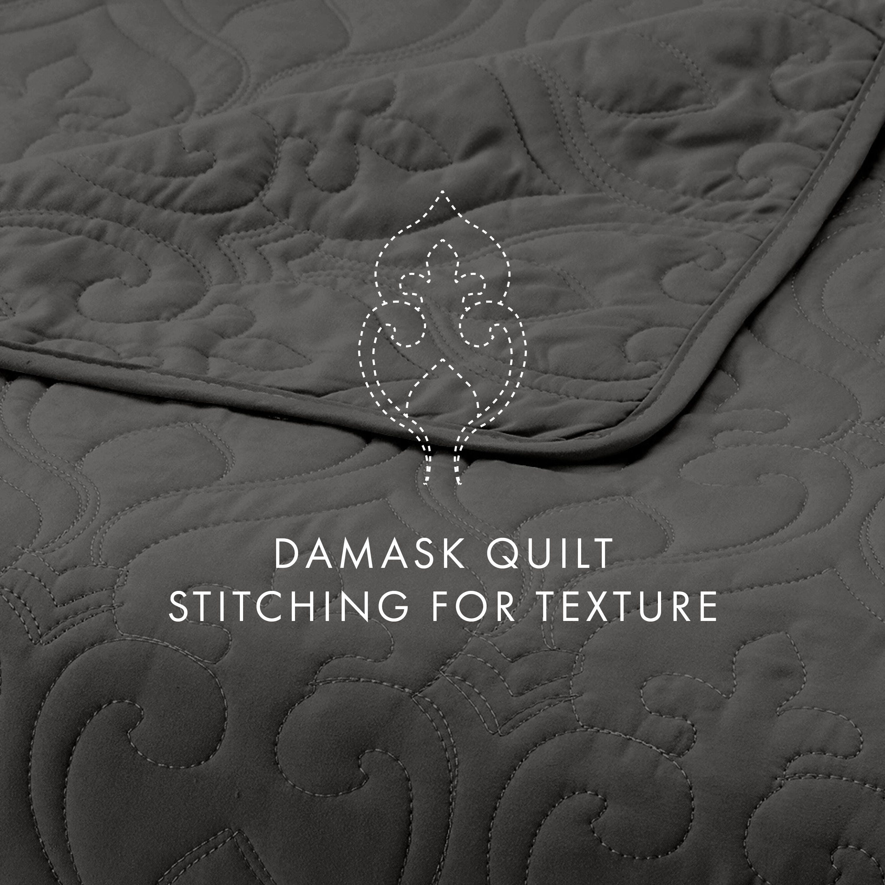 Damask Patterned 3-Piece Twin/Twin XL Quilted Coverlet Set, Gray, large