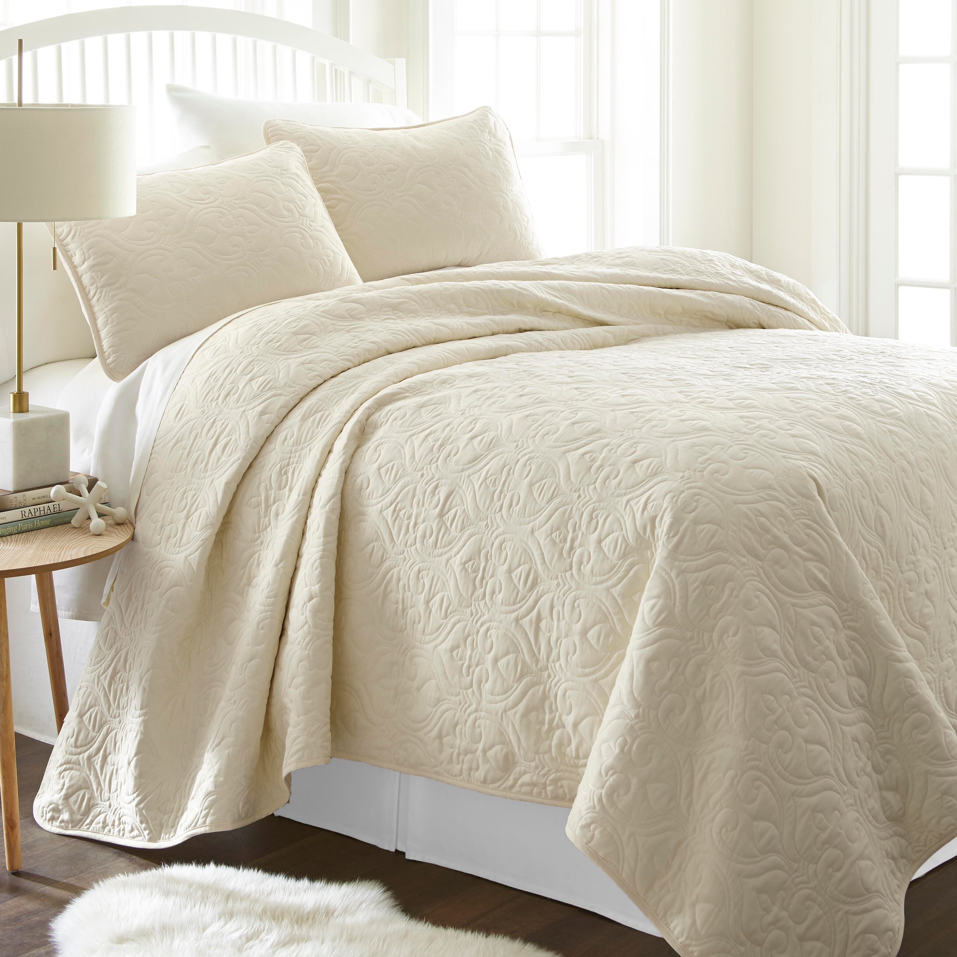 Damask Patterned 3-Piece Twin/Twin XL Quilted Coverlet Set, Ivory, large