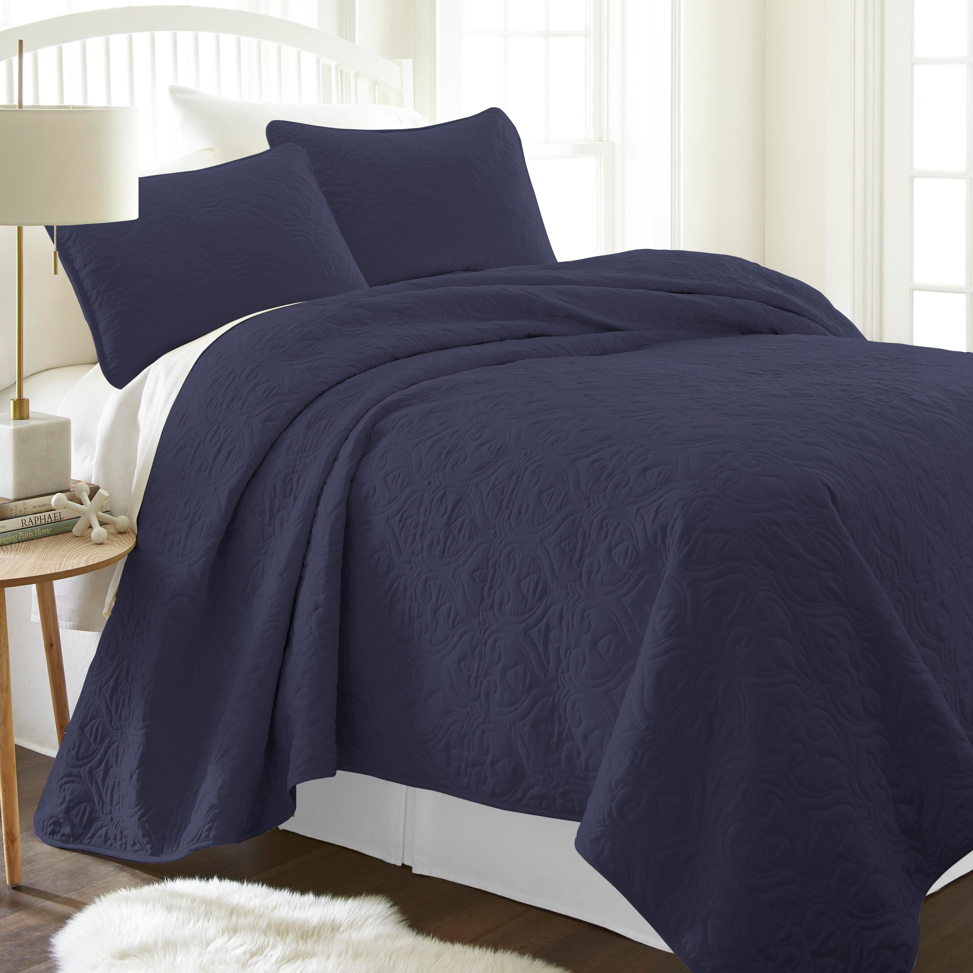 Damask Patterned 3-Piece Twin/Twin XL Quilted Coverlet Set, Navy, large