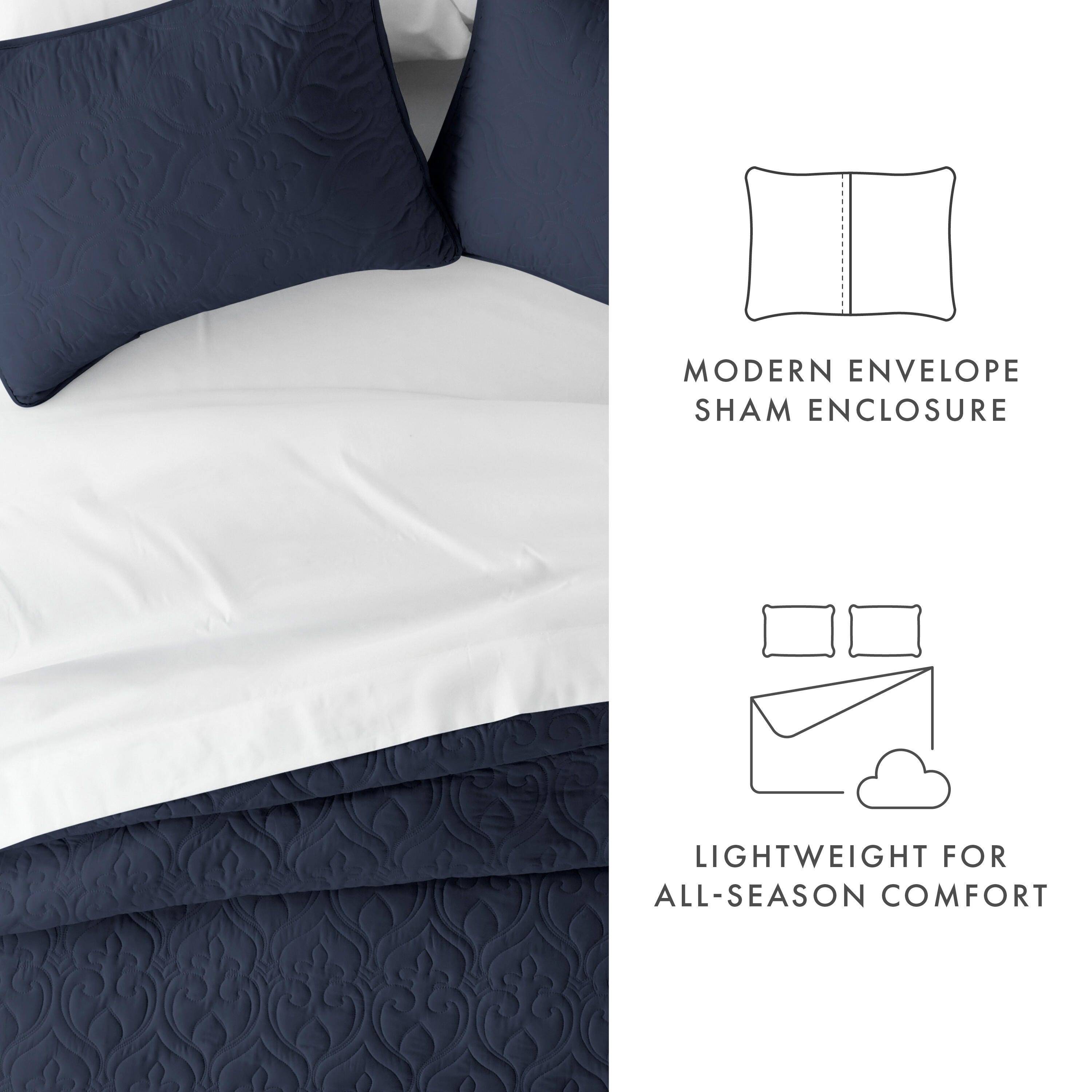 Damask Patterned 3-Piece Twin/Twin XL Quilted Coverlet Set, Navy, large
