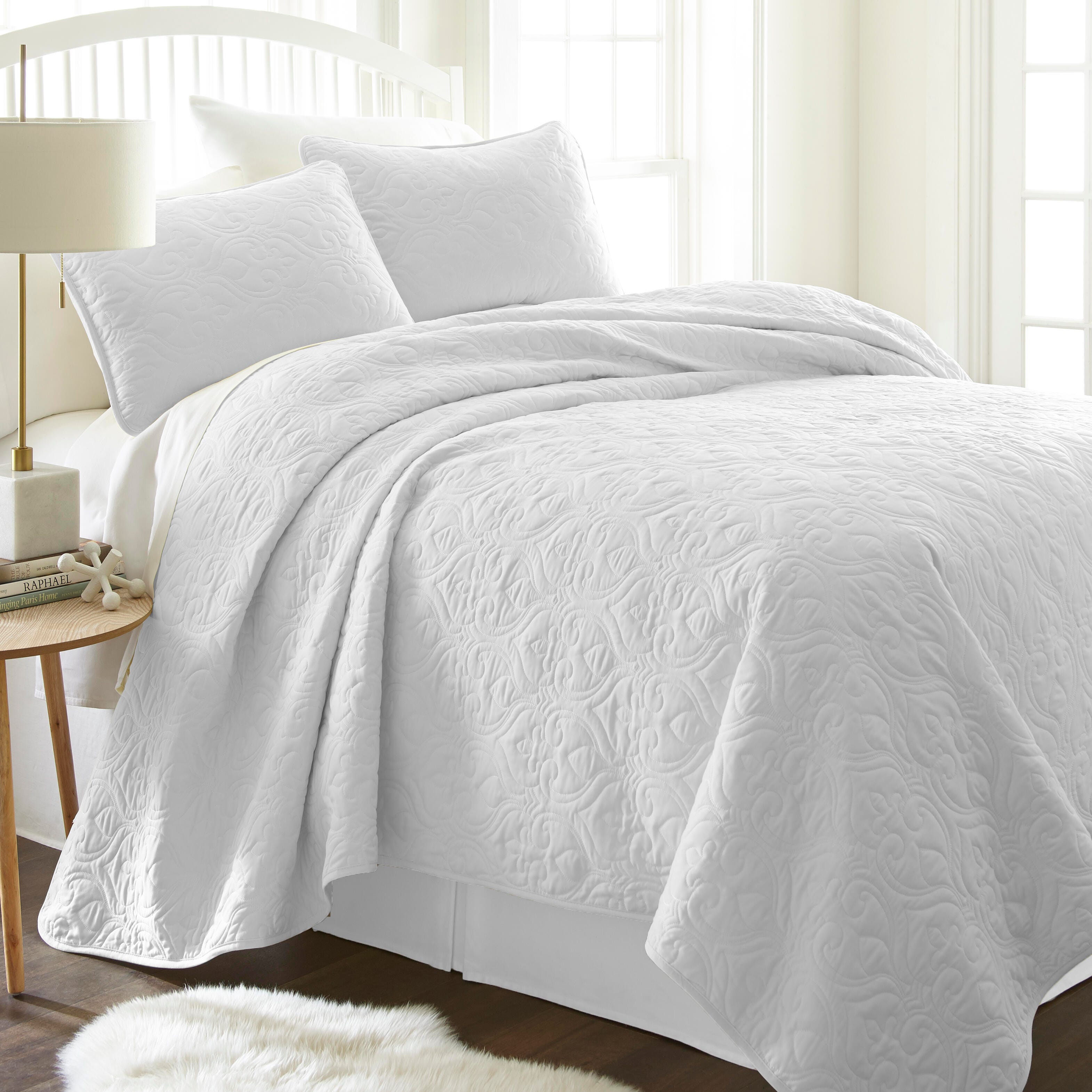 Damask Patterned 3-Piece Twin/Twin XL Quilted Coverlet Set, White, large