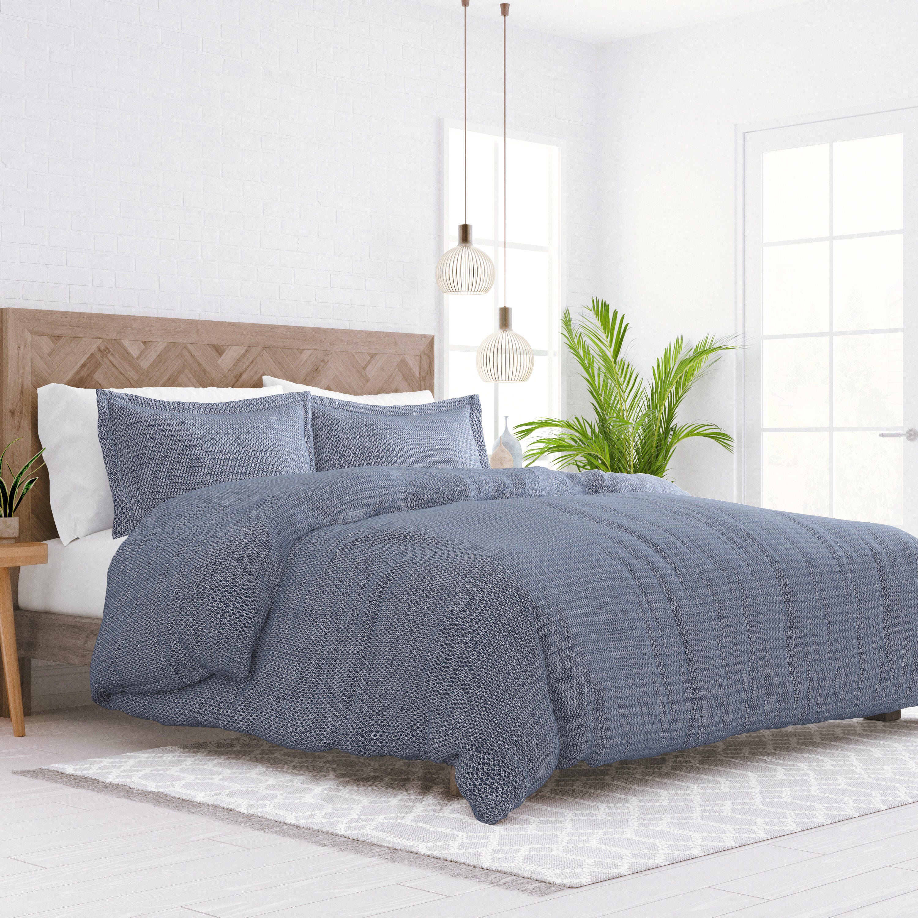 Diamond Patterned 3-Piece Full/Queen Duvet Cover Set, Navy, large