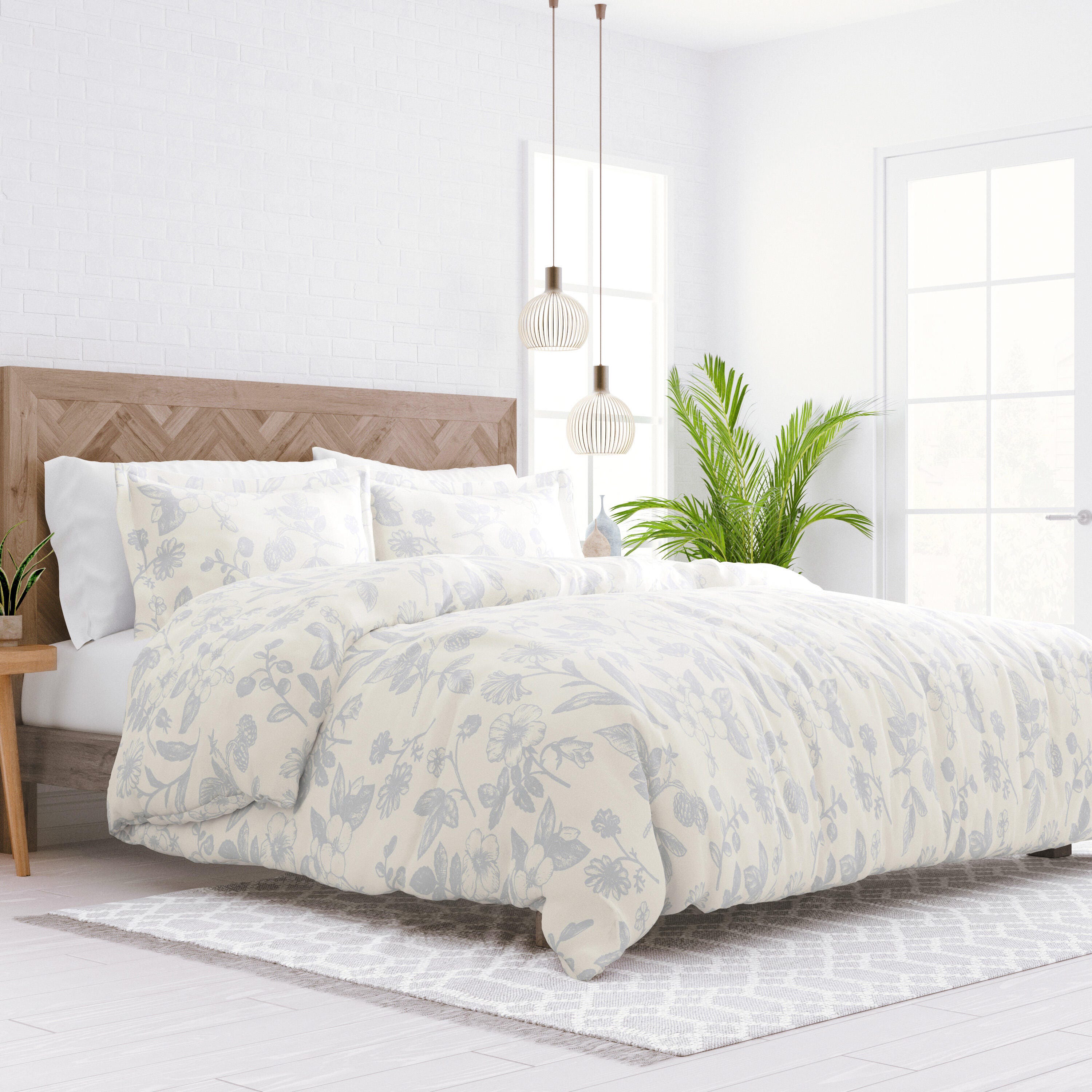 Garden Patterned 3-Piece Full/Queen Duvet Cover Set, Light Blue, large