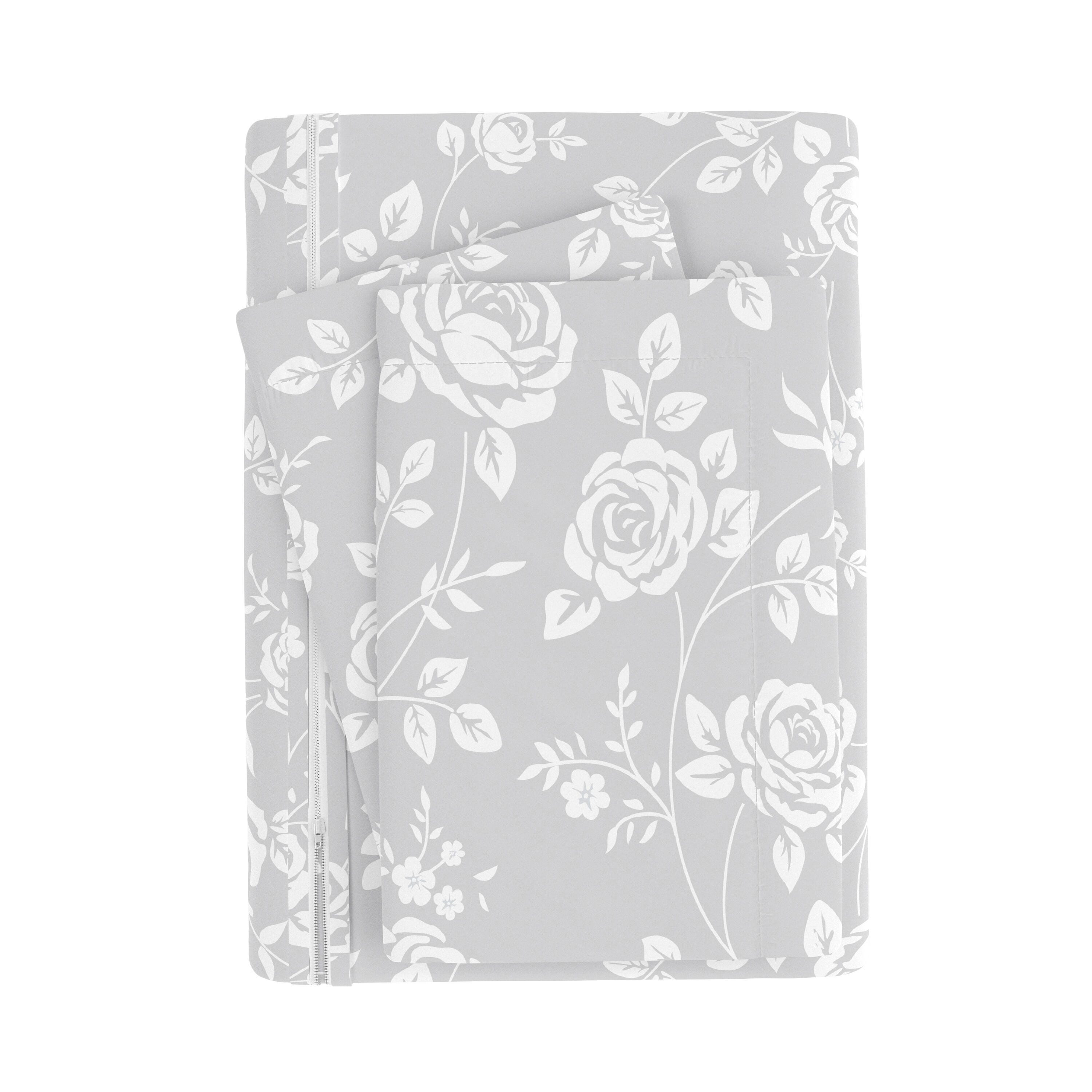 Rose Patterned 3-Piece Twin/Twin XL Duvet Cover Set, Light Gray, large