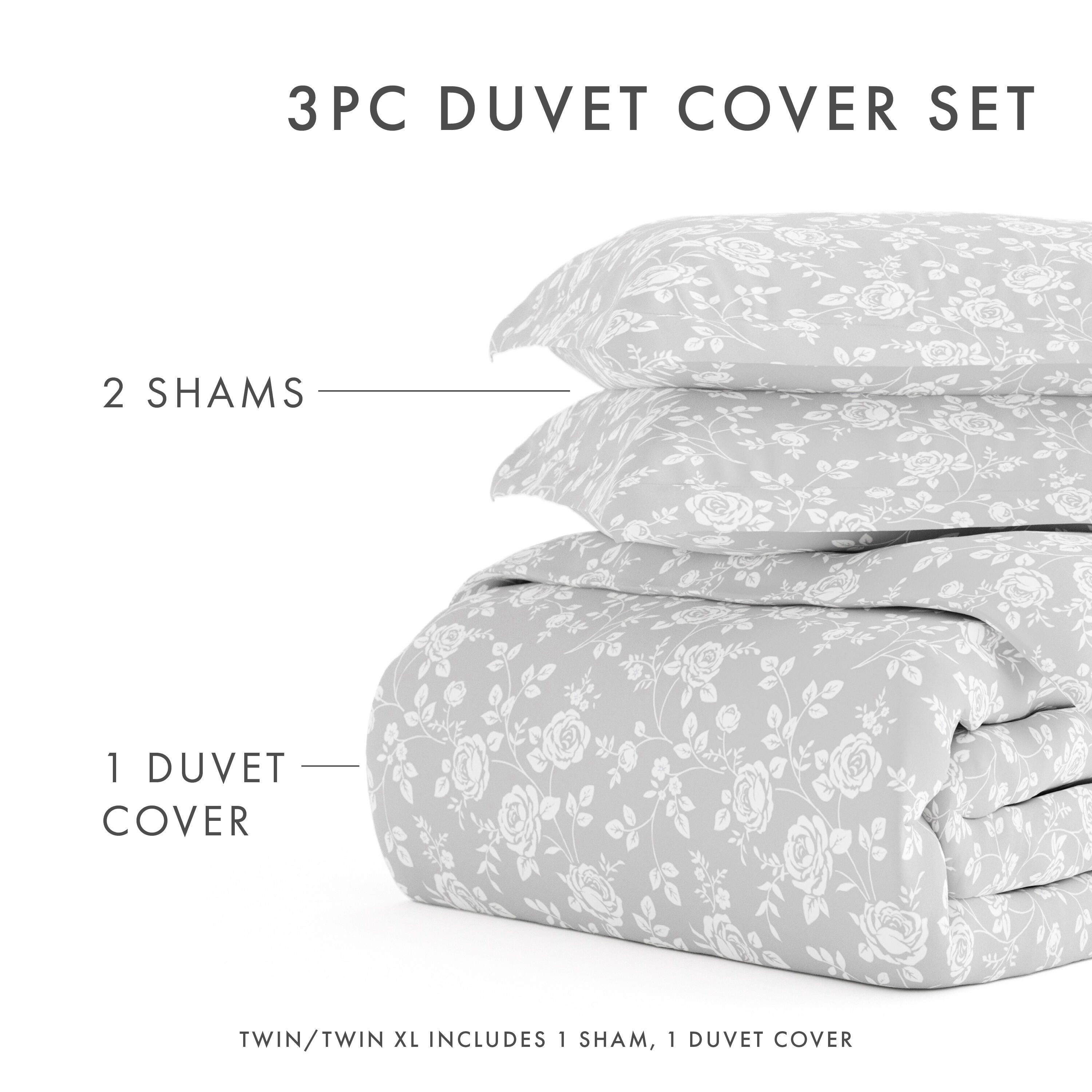 Rose Patterned 3-Piece Twin/Twin XL Duvet Cover Set, Light Gray, large