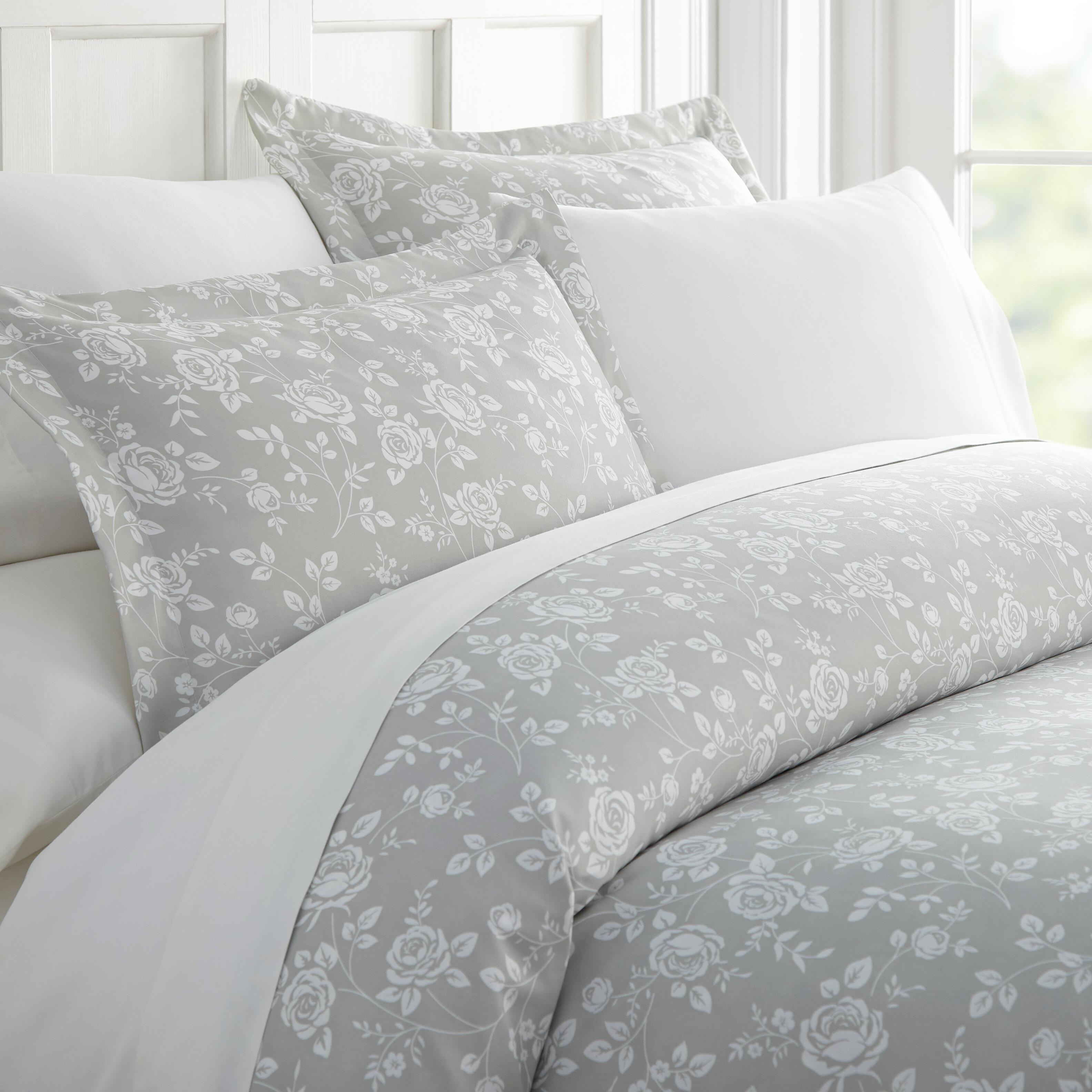 Rose Patterned 3-Piece Full/Queen Duvet Cover Set, Light Gray, large