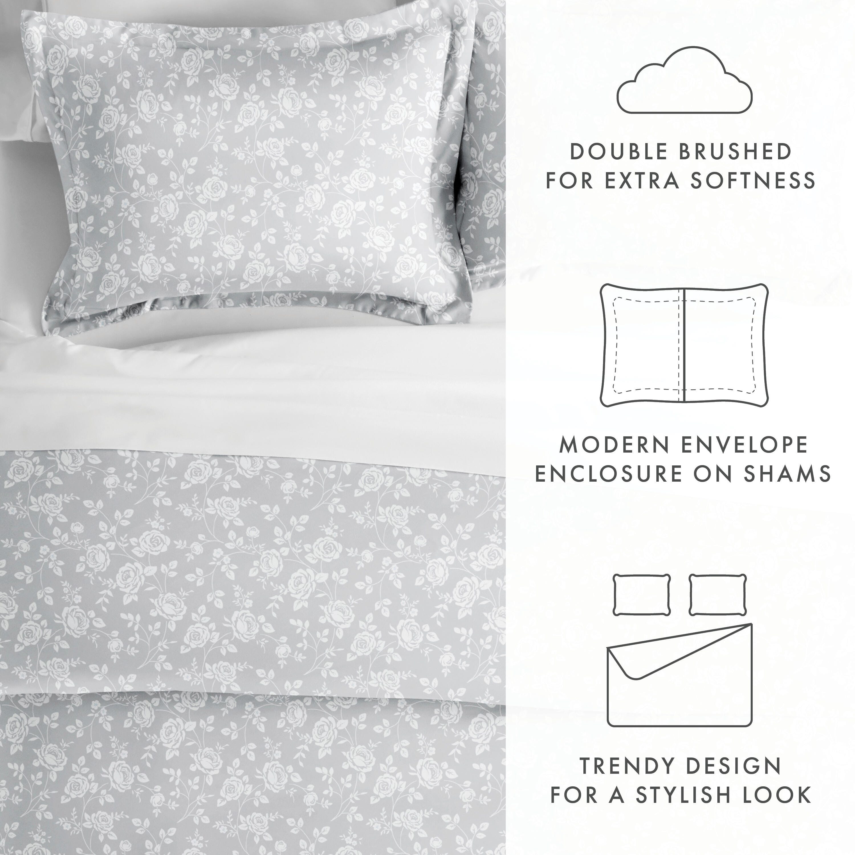 Rose Patterned 3-Piece Full/Queen Duvet Cover Set, Light Gray, large