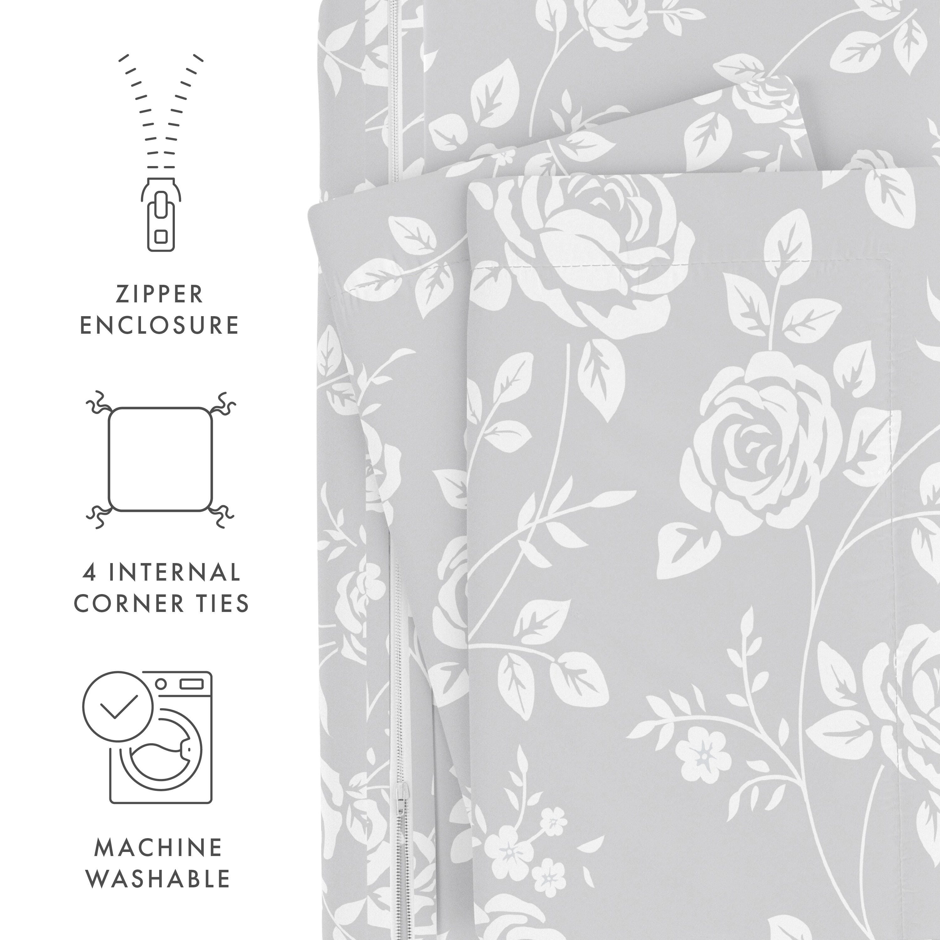 Rose Patterned 3-Piece Full/Queen Duvet Cover Set, Light Gray, large