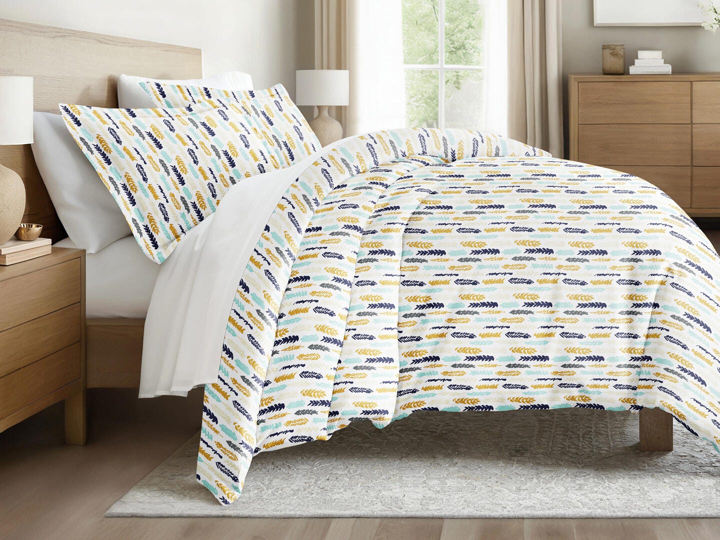 Feather Patterned 3-Piece Full/Queen Duvet Cover Set, Navy, large