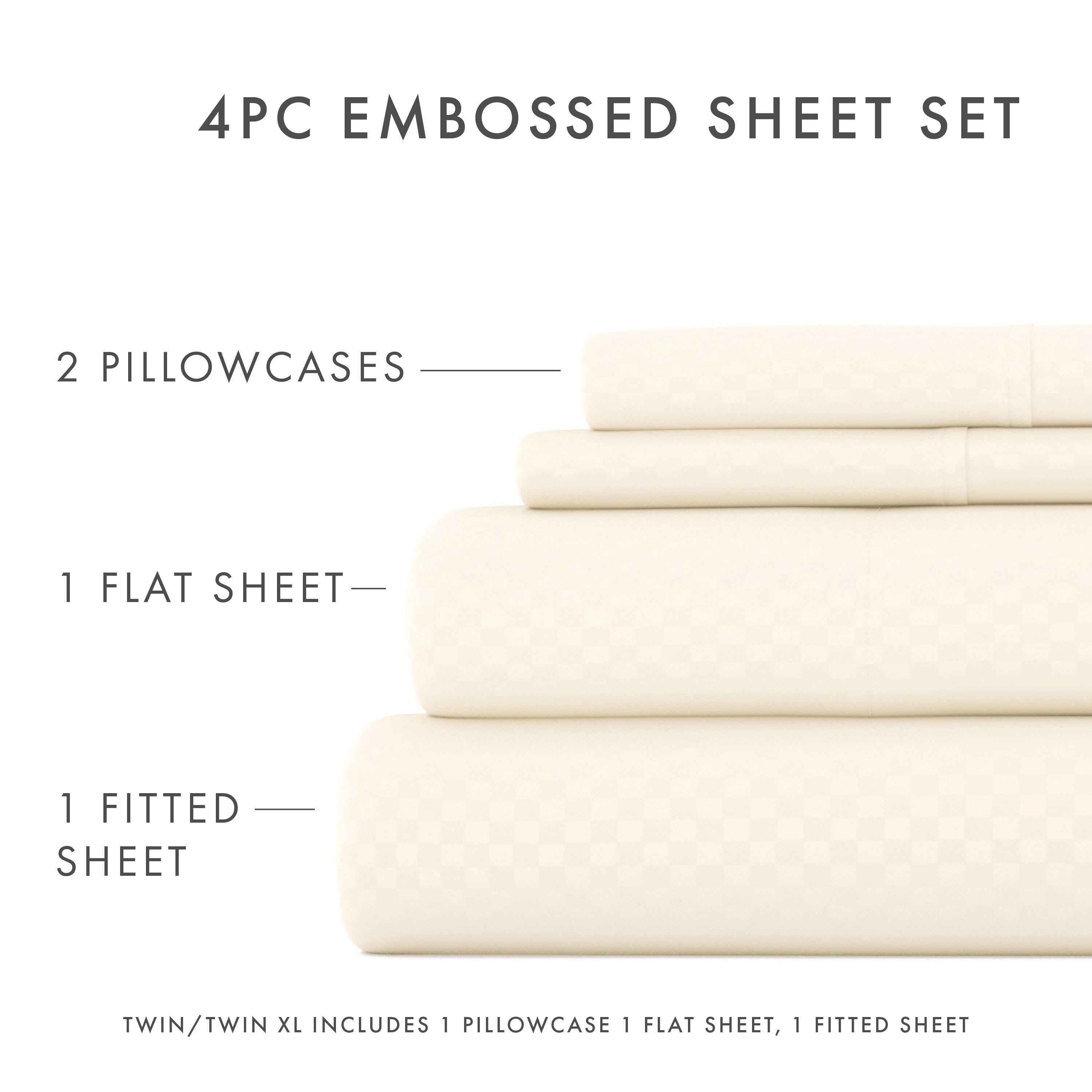 Checkered Embossed 4-Piece California King Sheet Set, Ivory, large