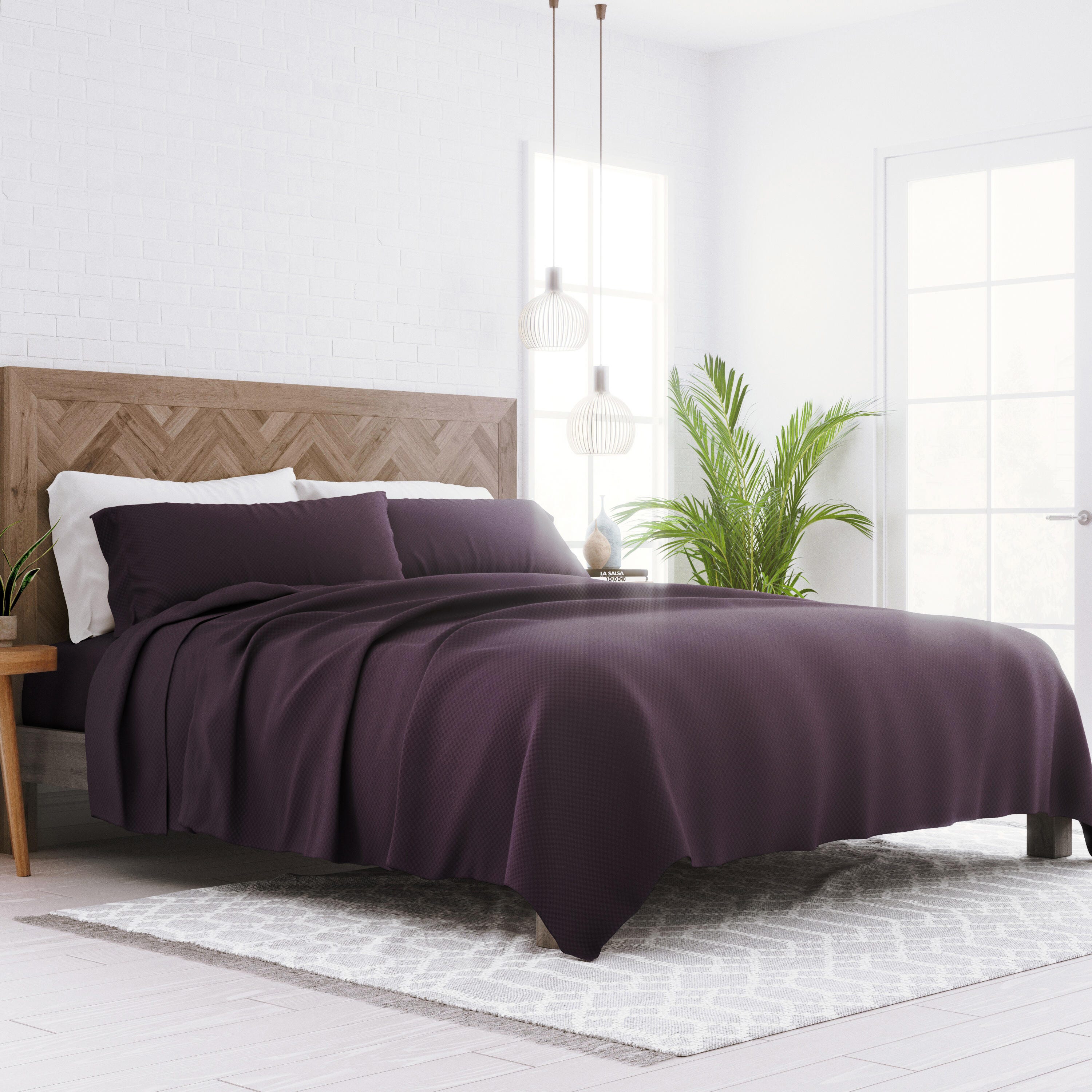 Checkered Embossed 4-Piece California King Sheet Set, Purple, large