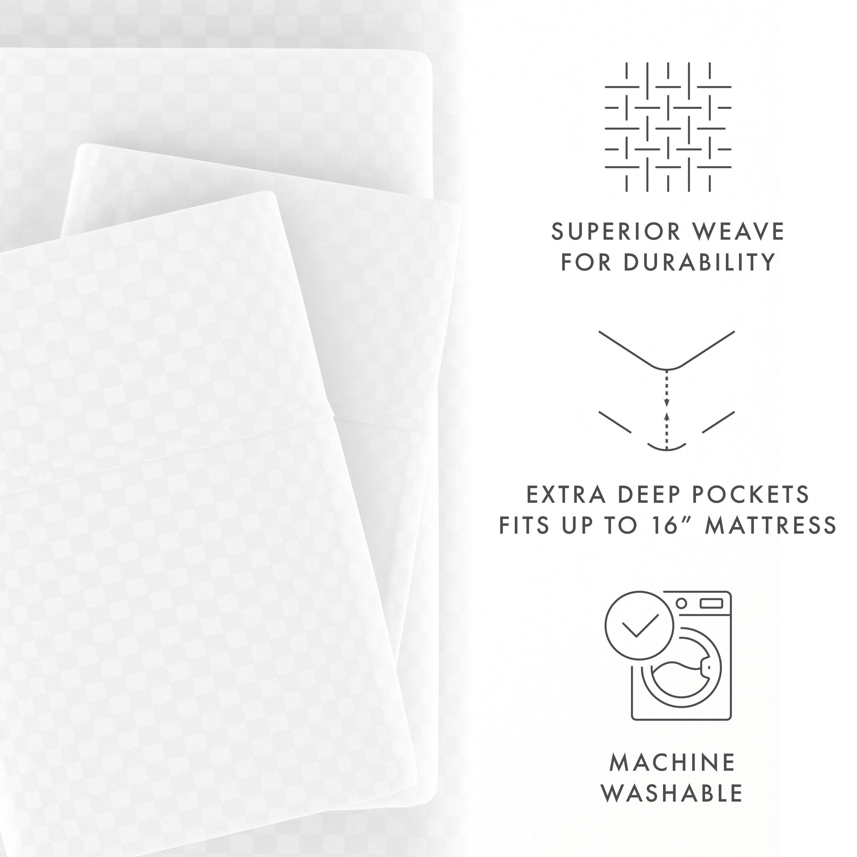 Checkered Embossed 4-Piece California King Sheet Set, White, large
