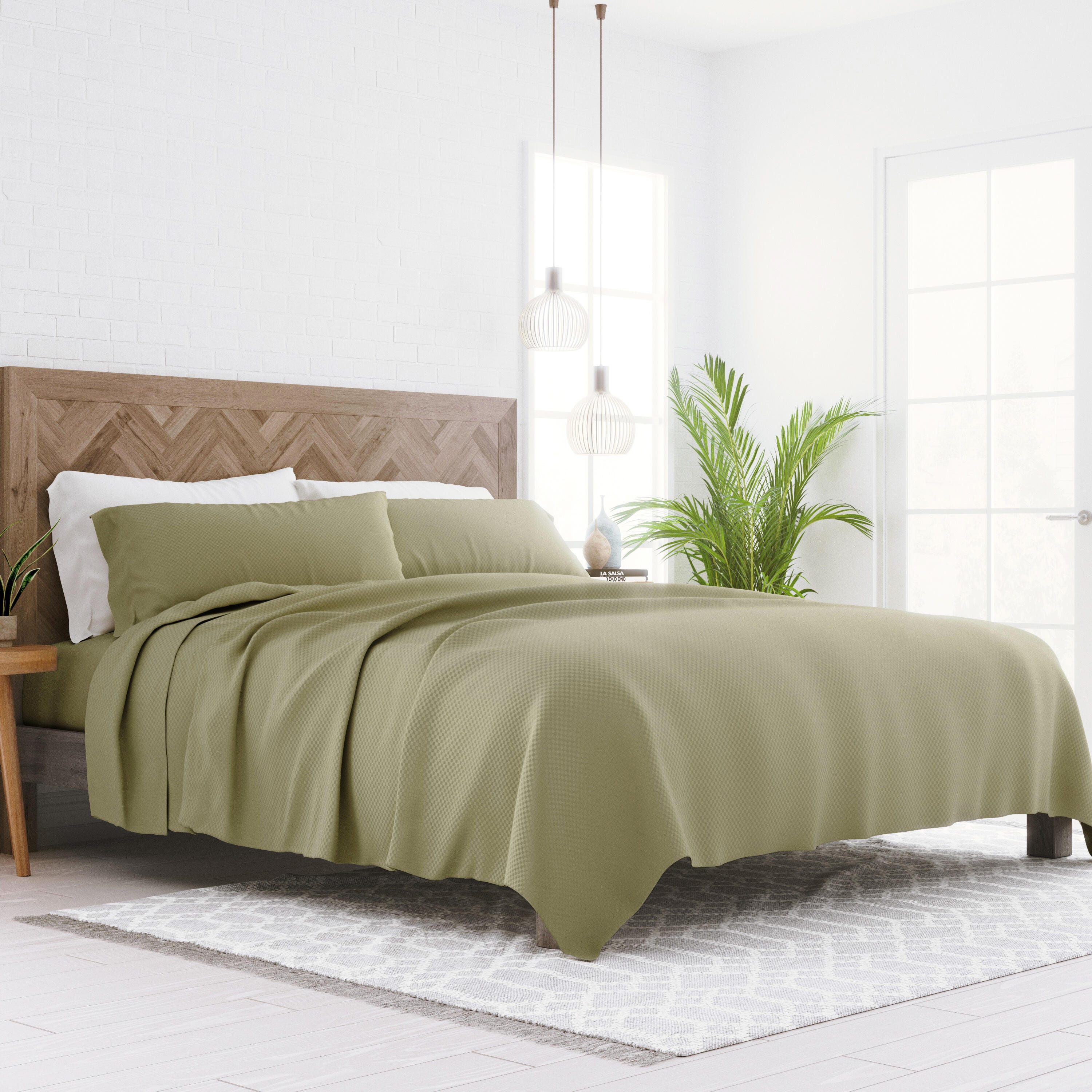 Checkered Embossed 4-Piece Full Sheet Set, Sage, large