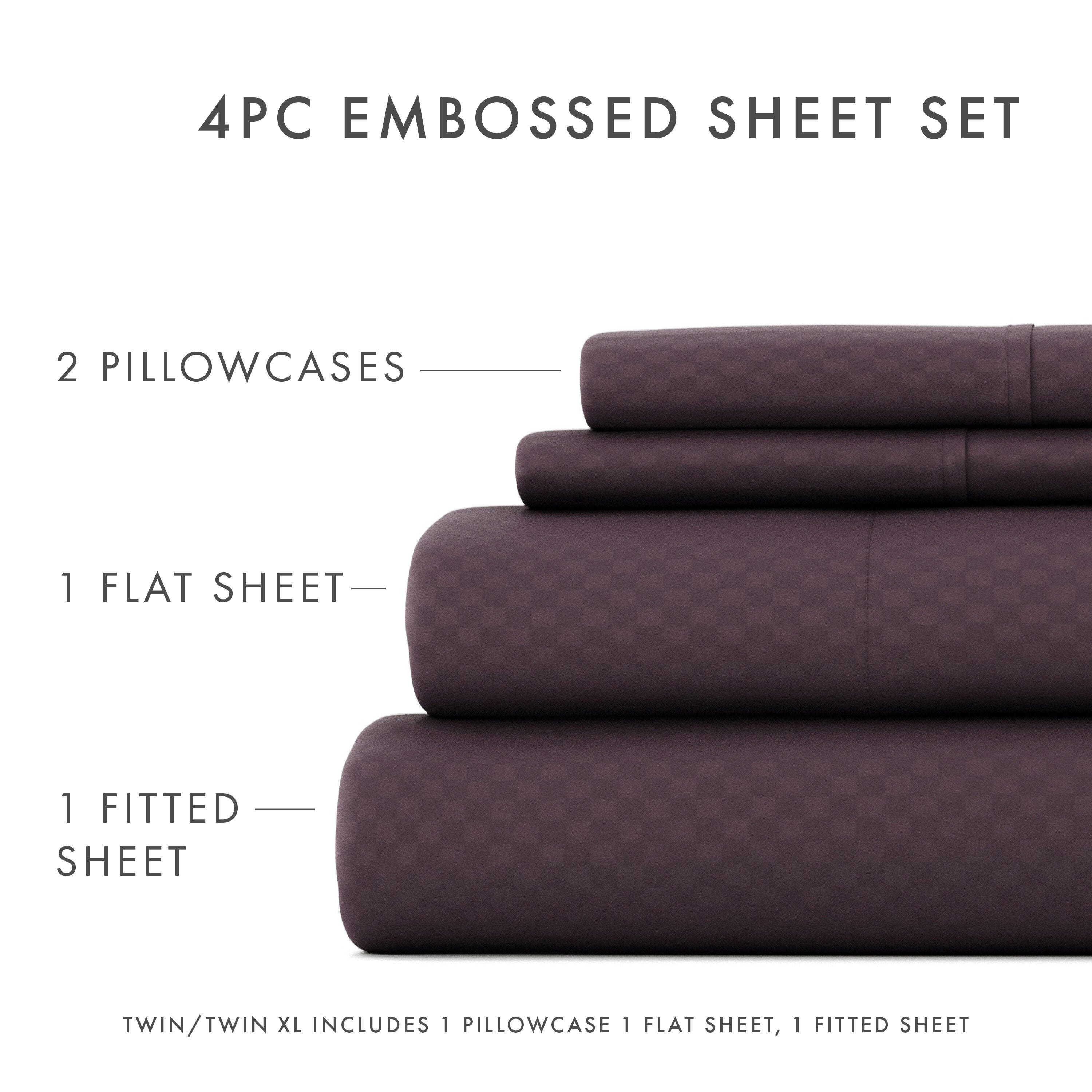 Checkered Embossed 4-Piece King Sheet Set, Purple, large