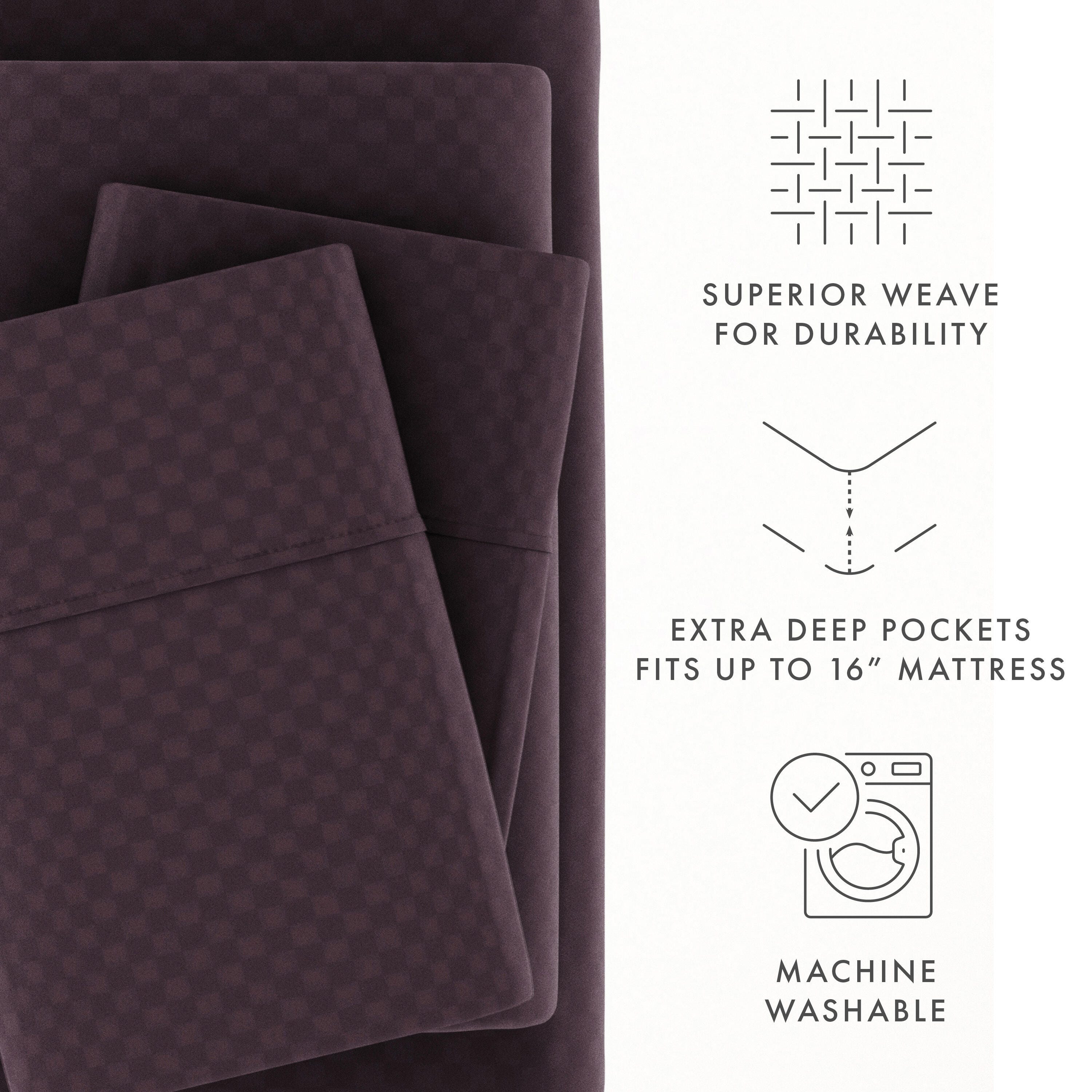 Checkered Embossed 4-Piece Queen Sheet Set, Purple, large