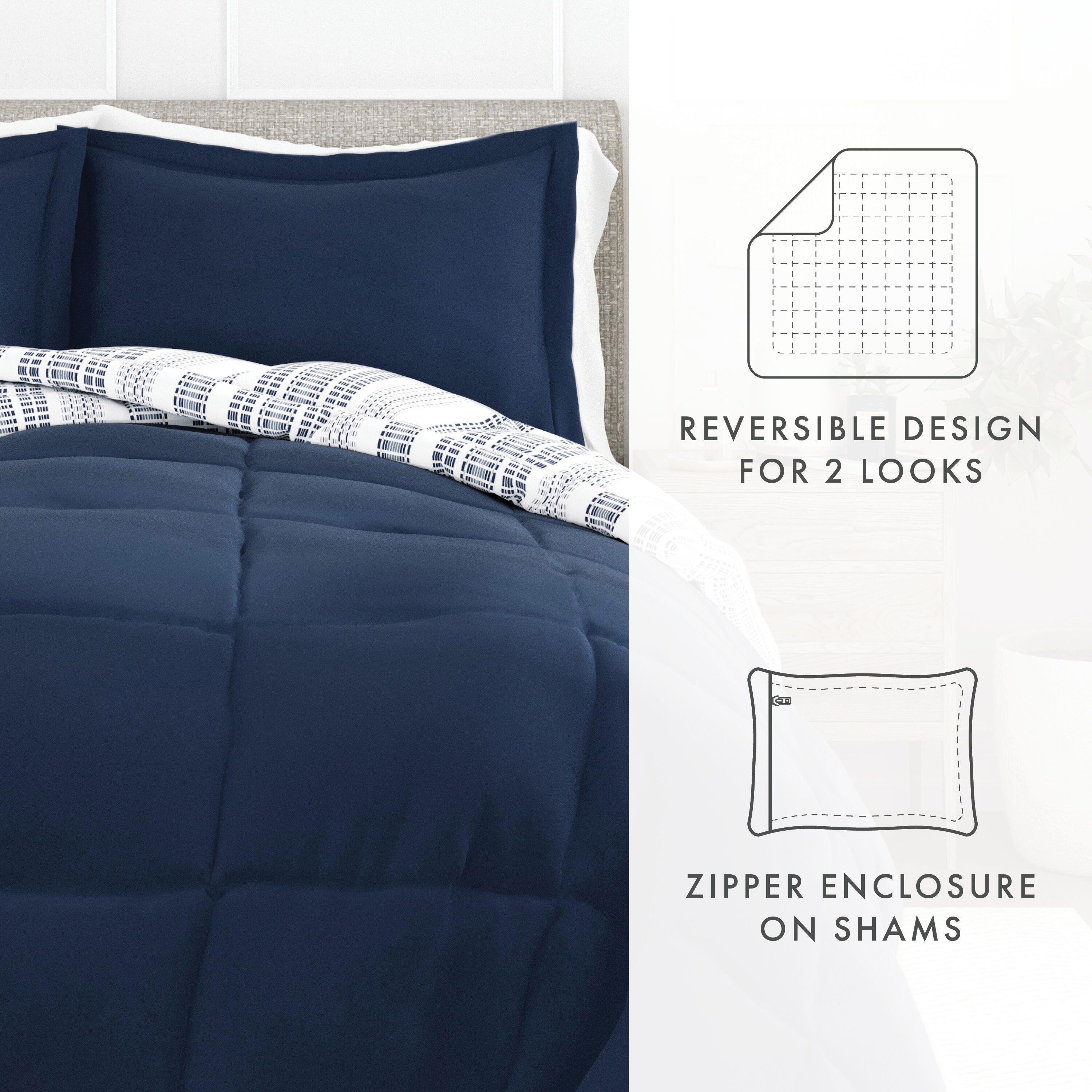 Home Collection Premium Down Alternative Farmhouse Dreams Reversible Queen Comforter Set, Navy, large