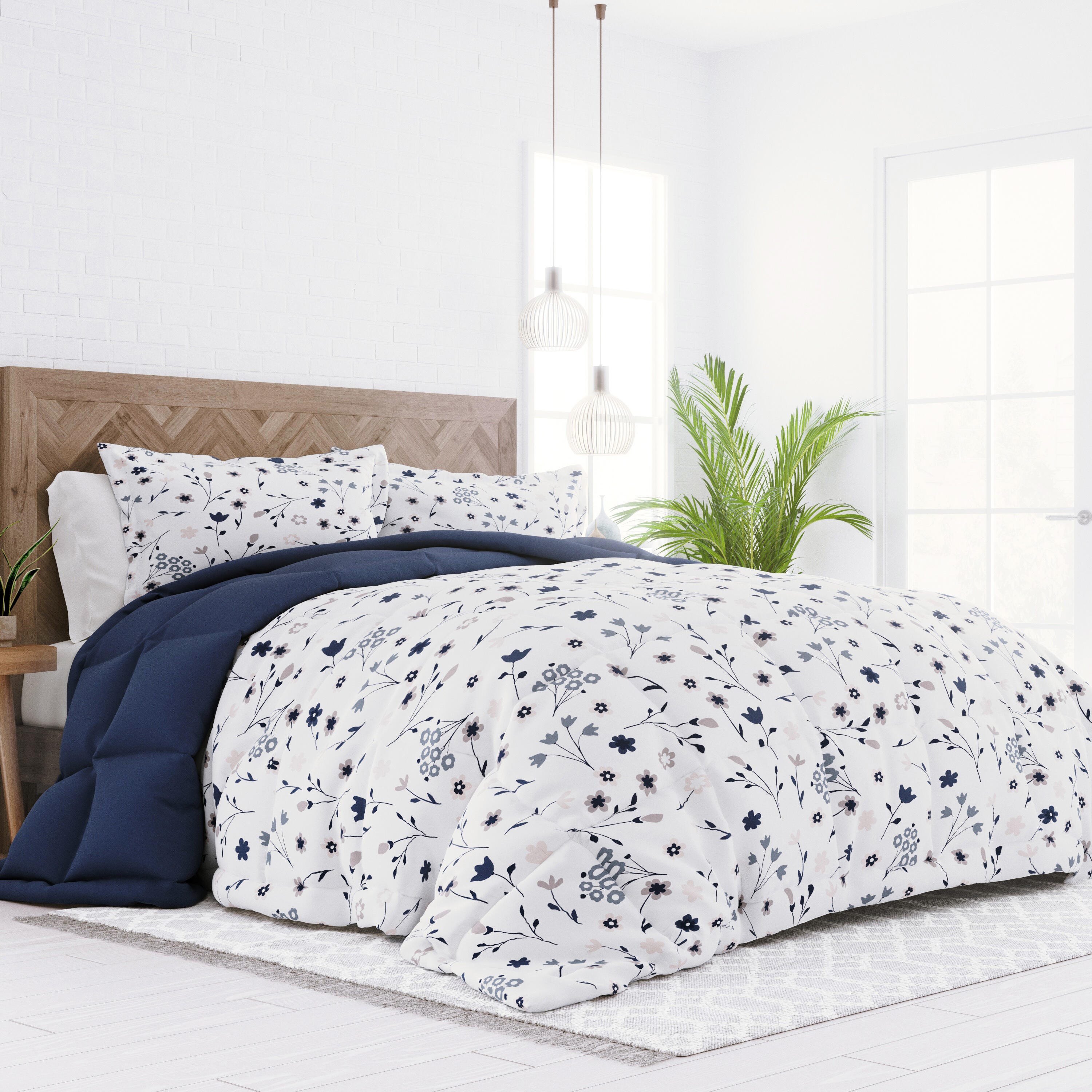 Home Collection Premium Down Alternative Forget Me Not Reversible Twin Comforter Set, Navy, large