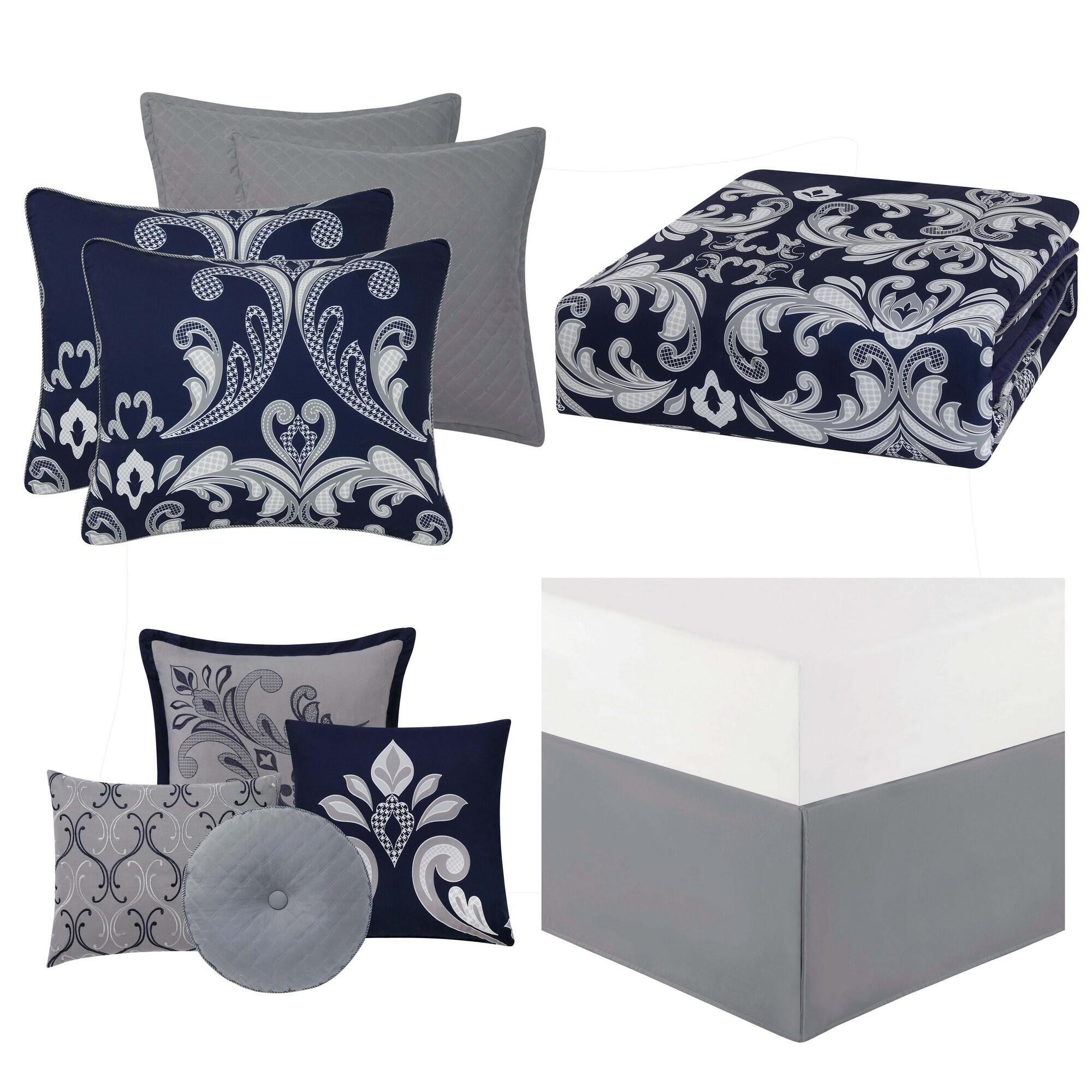 Style 212 Dolce King 10-Piece Queen Comforter Set, Silver/Navy, rollover