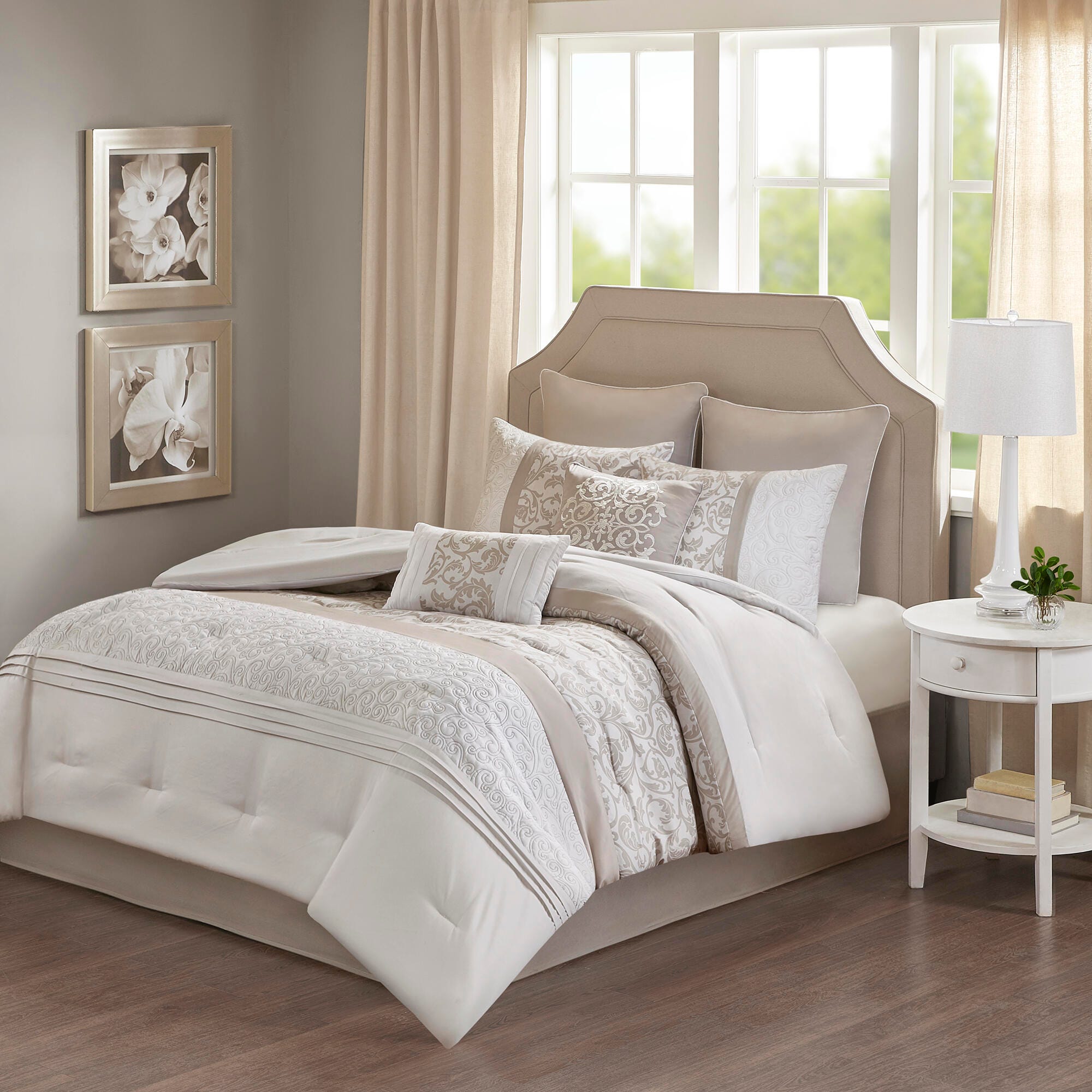 JLA Home Ramsey Embroidered 8 Piece California King Comforter Set, Neutral, large