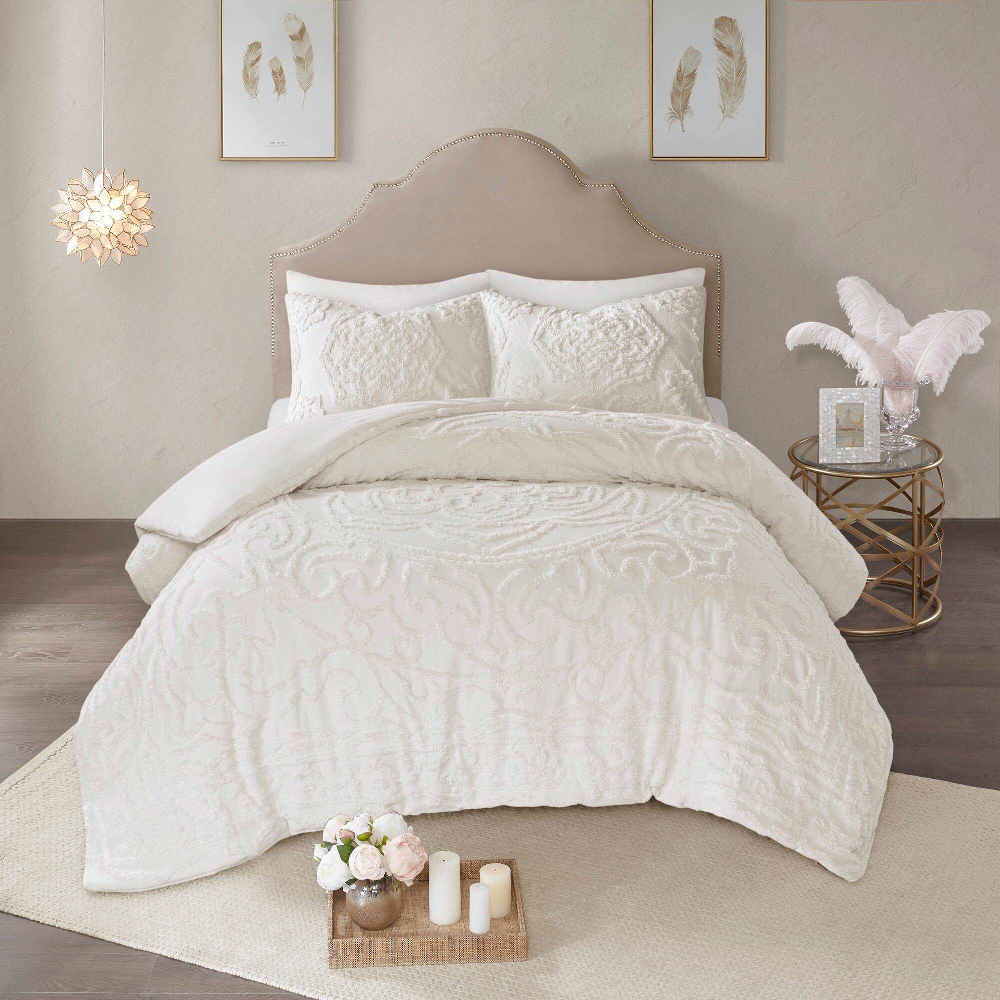 JLA Home Laetitia 3 Piece Tufted Cotton Chenille Medallion Duvet Cover Set, Ivory, rollover