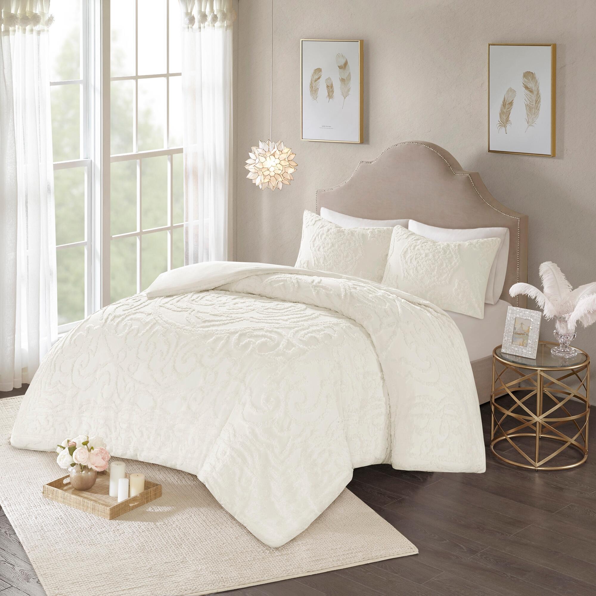 JLA Home Laetitia 3 Piece Tufted Cotton Chenille Medallion Duvet Cover Set, Ivory, large
