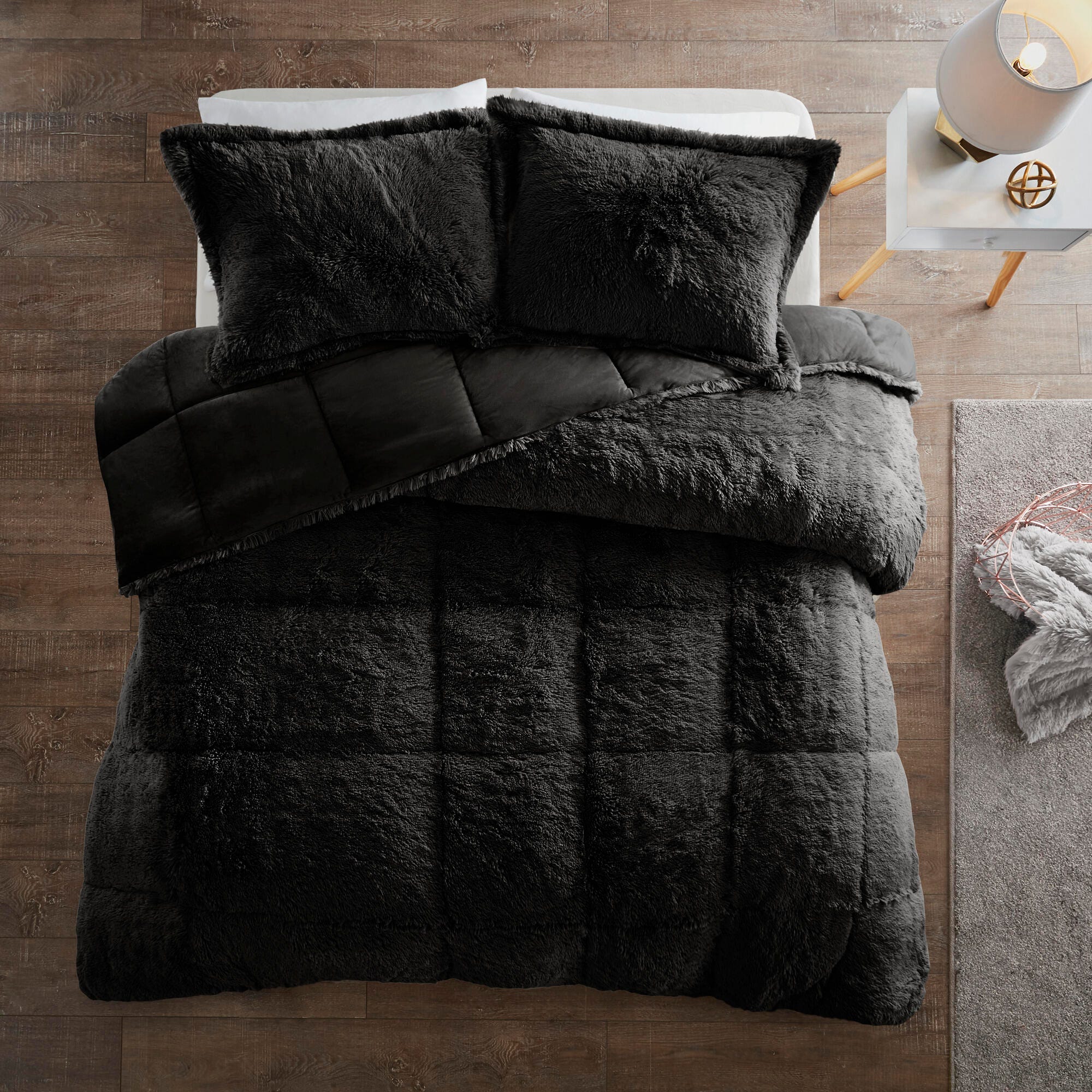 Intelligent Design Malea Full/Queen Shaggy Long Fur Comforter Mini Set, Black, large