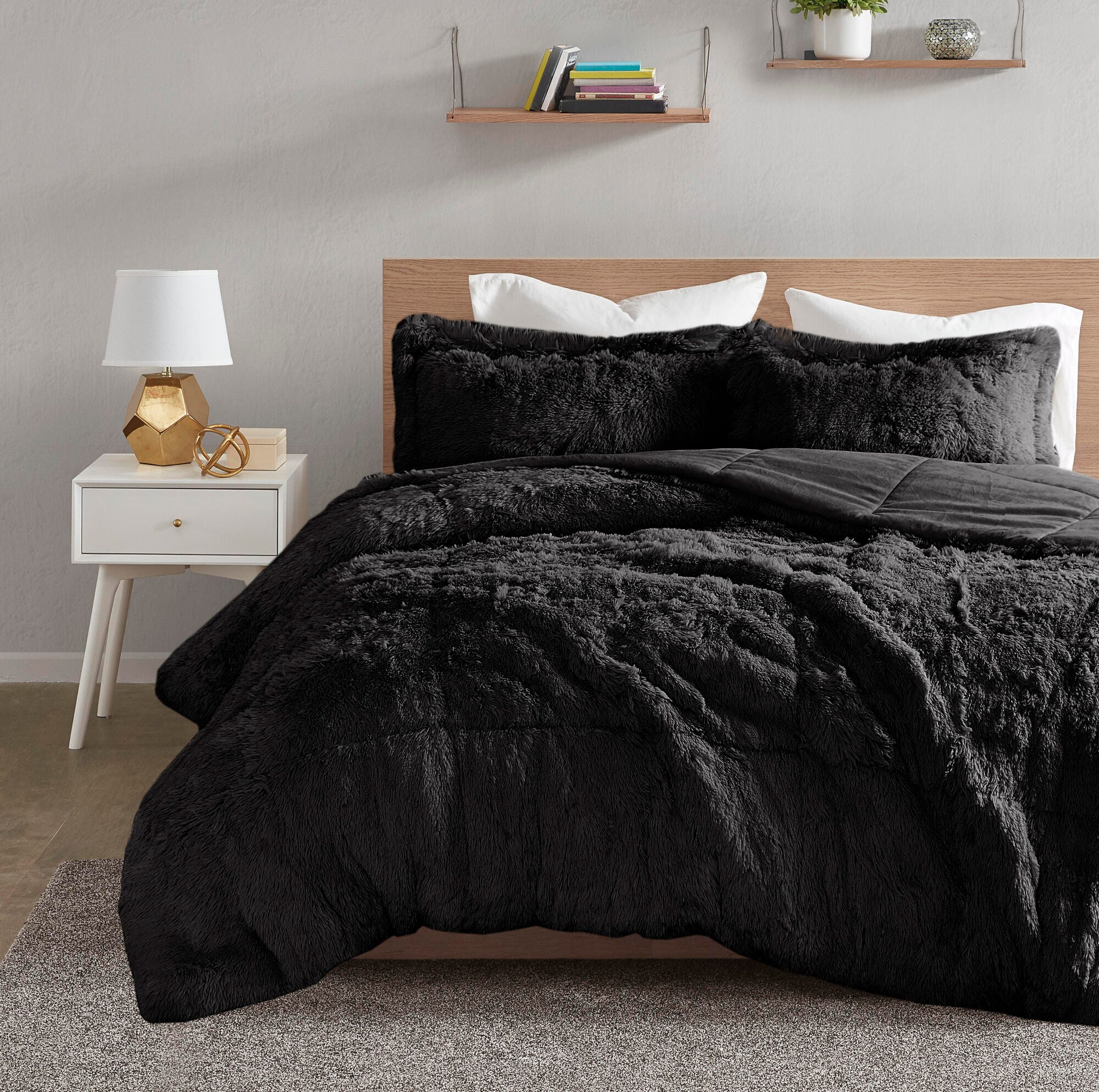 Intelligent Design Malea Full/Queen Shaggy Long Fur Comforter Mini Set, Black, large