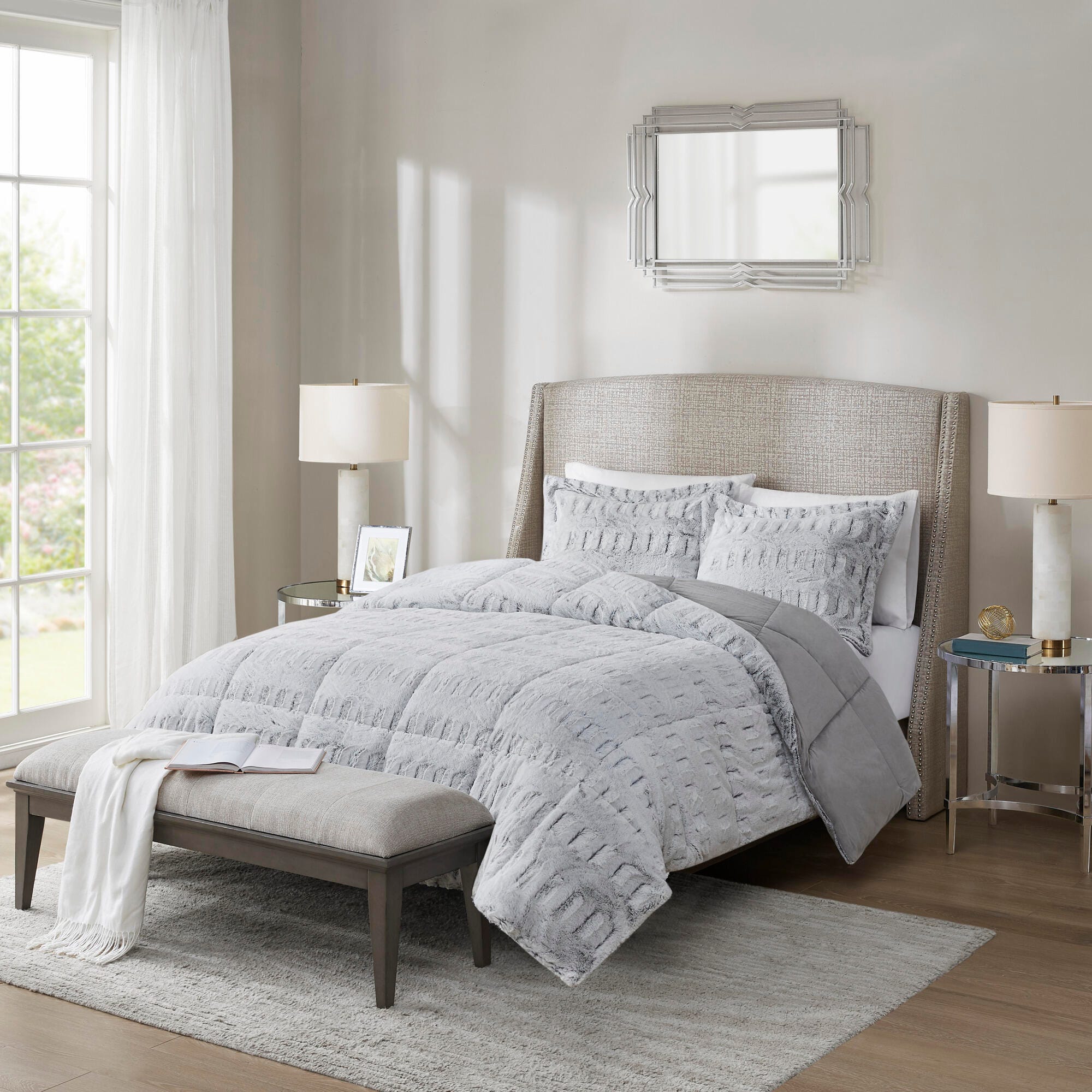 Madison Park Gia Twin/Twin XL Back Print Long Fur Comforter Mini Set, Gray, large
