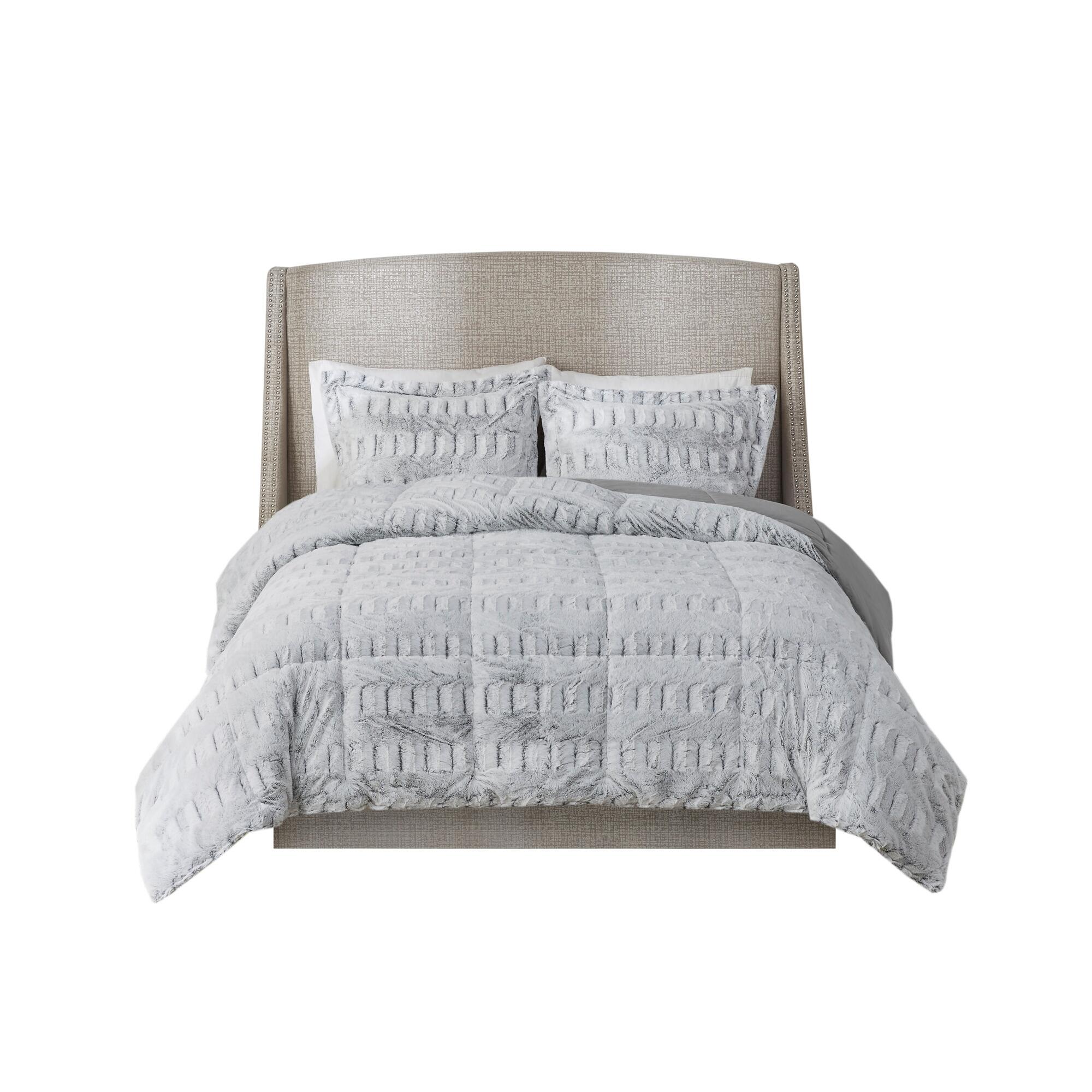 Madison Park Gia King/California King Back Print Long Fur Comforter Mini Set, Gray, rollover