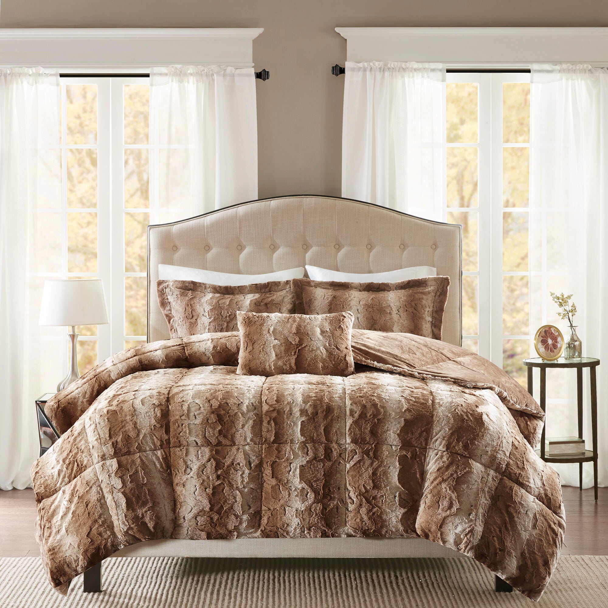 Madison Park Zuri Full/Queen 4 Piece Faux Fur Comforter Set, Tan, rollover