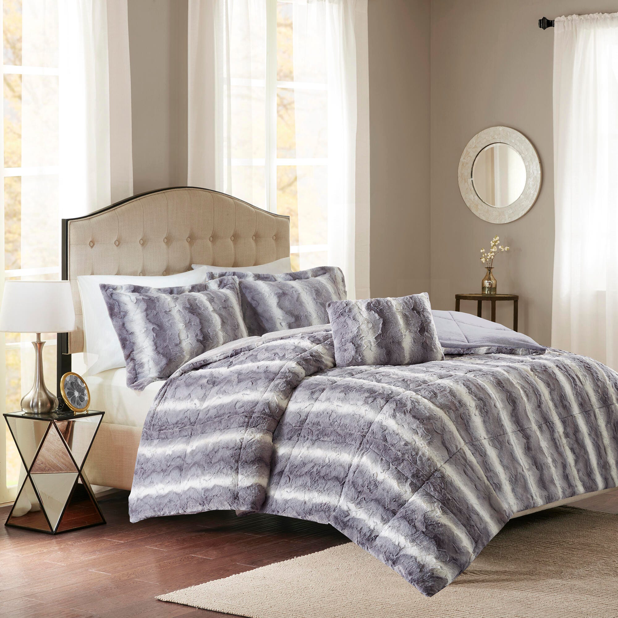 Madison Park Zuri Full/Queen 4 Piece Faux Fur Comforter Set, Gray, large