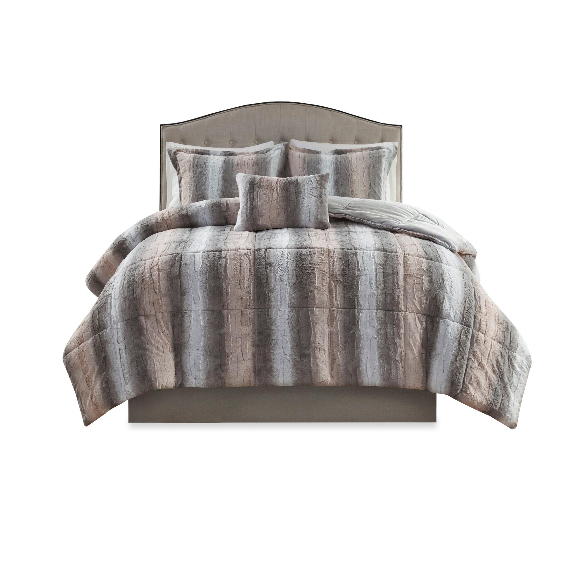 Madison Park Marselle Zuri/Zuri Full/Queen 4 Piece Faux Fur Comforter Set, Blush/Gray, large