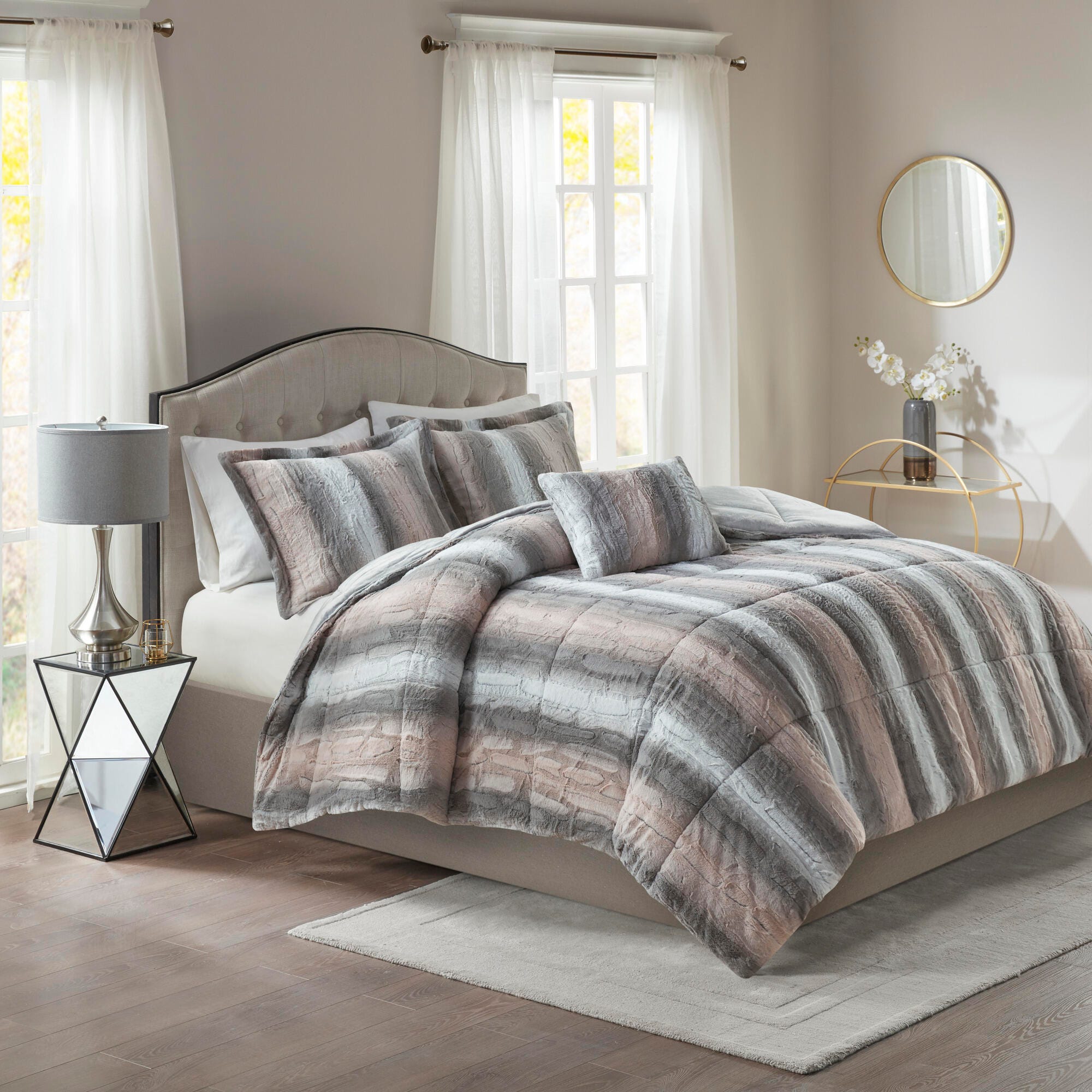 Madison Park Marselle Zuri/Zuri Full/Queen 4 Piece Faux Fur Comforter Set, Blush/Gray, large