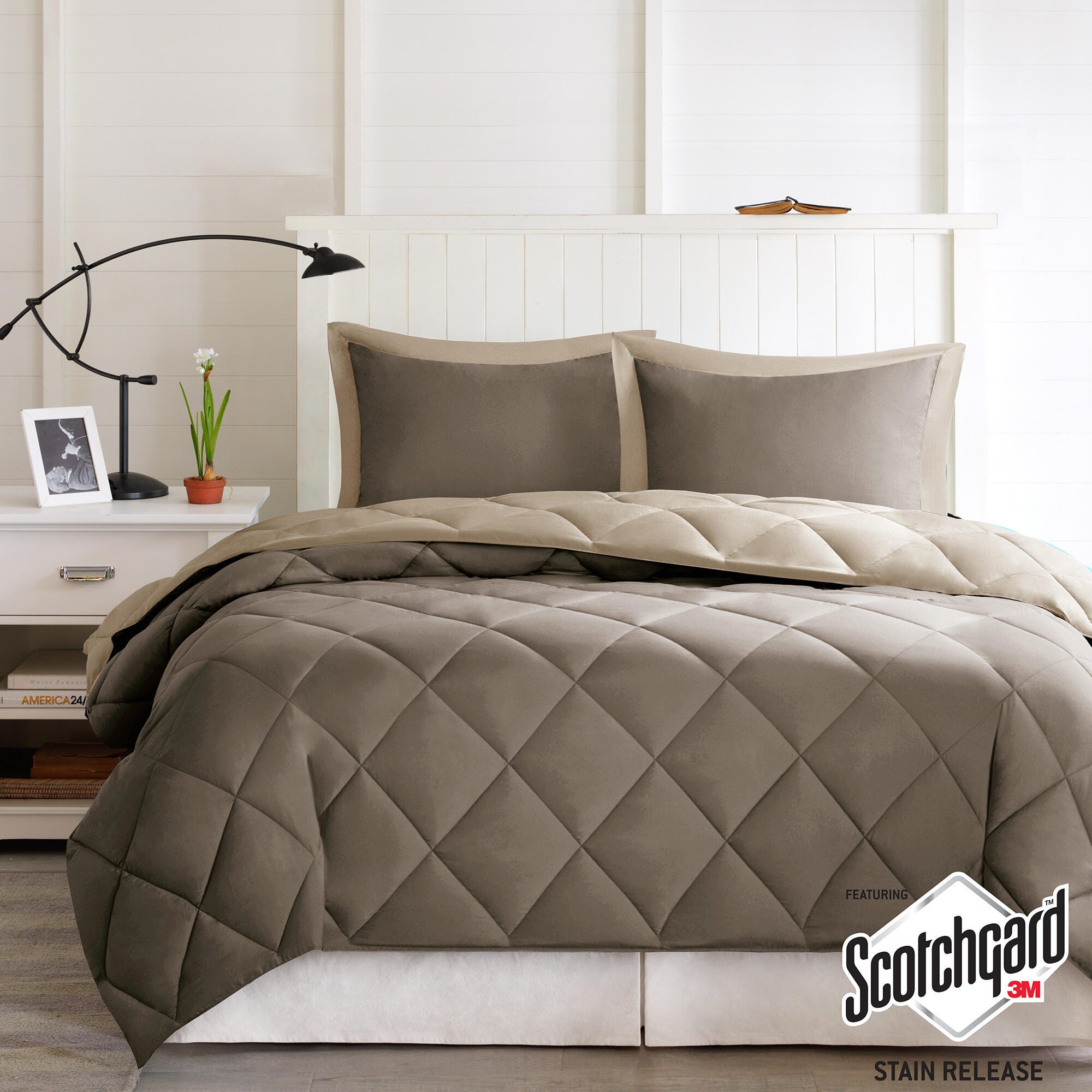 Madison Park Essentials Larkspur King 3M Scotchgard Diamond Quilting Reversible Down Alternative Comforter Set, Brown/Sand, rollover