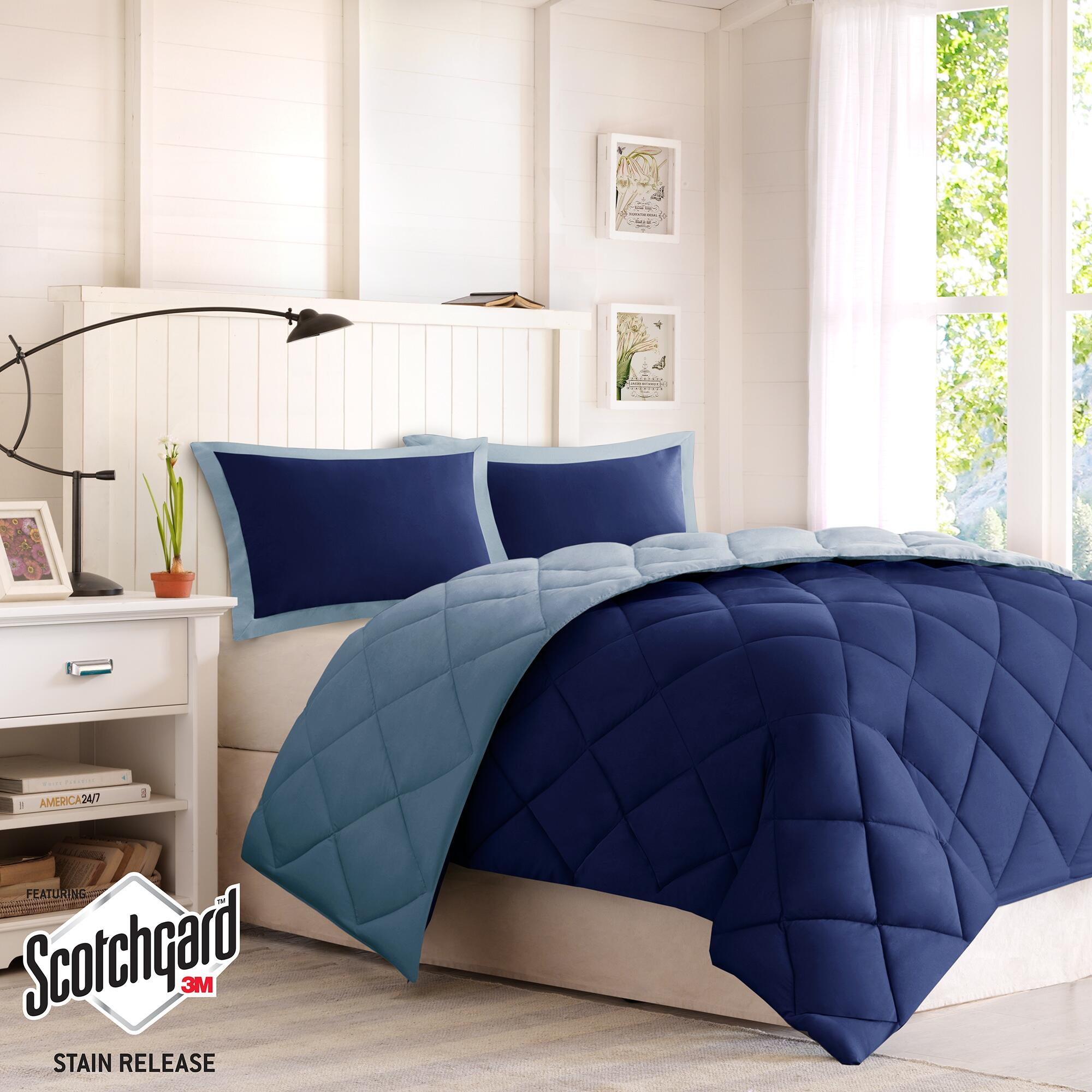 Madison Park Essentials Larkspur King 3M Scotchgard Diamond Quilting Reversible Down Alternative Comforter Set, Navy/Light Blue, large