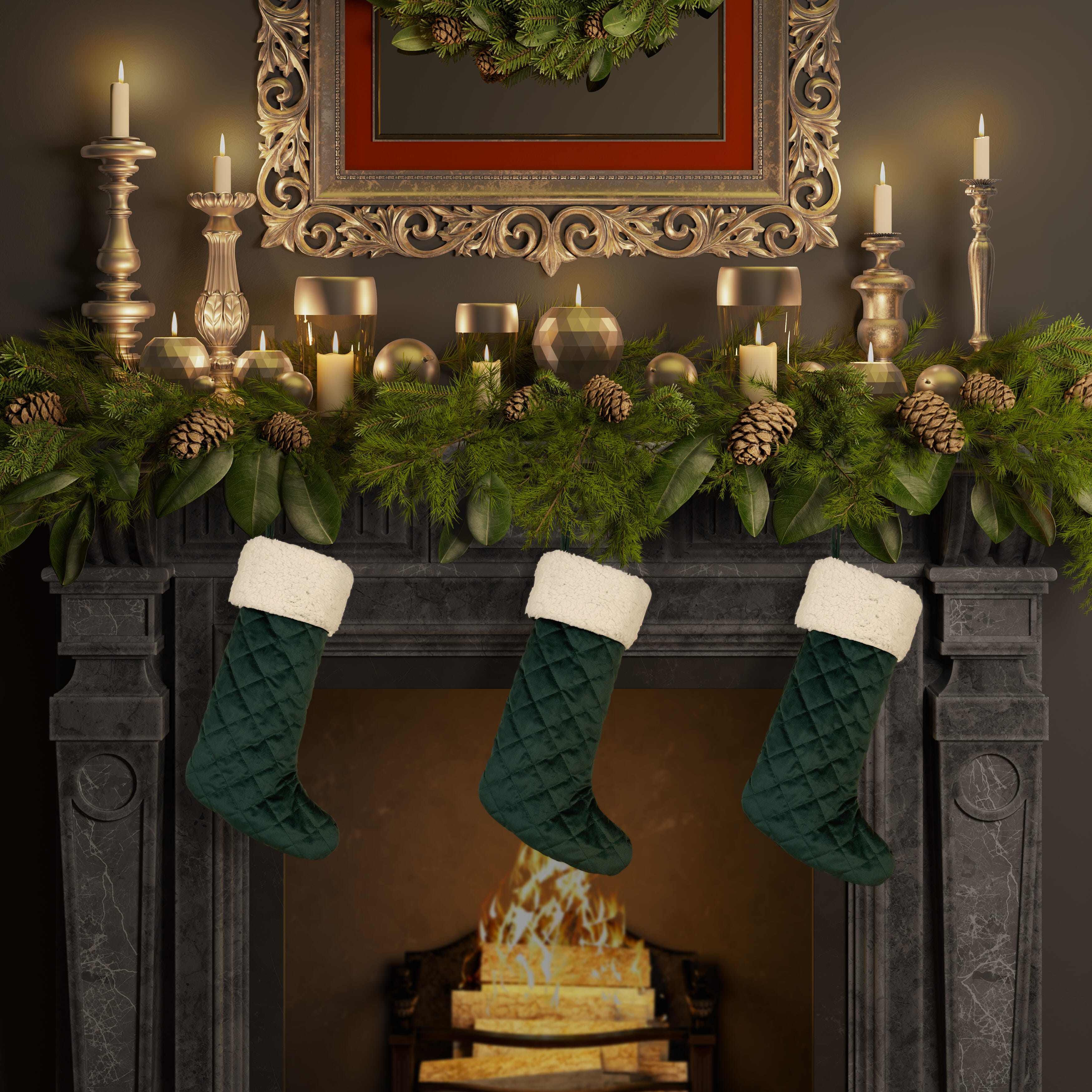 J. Queen New York Casey Sherpa Stocking Quilted Christmas Stocking, Evergreen, rollover