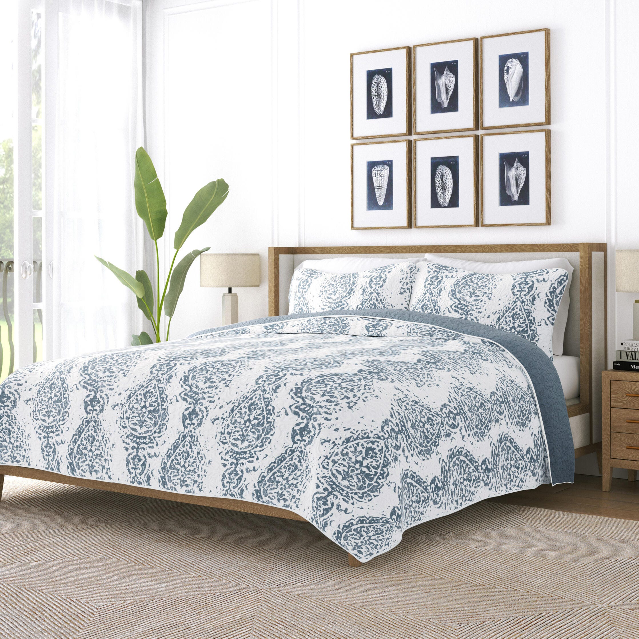 Ienjoy Home All Season 2 Piece Twin/ Twin XL Distressed Damask Reversible Quilt Set with Shams, Dusk Blue, large