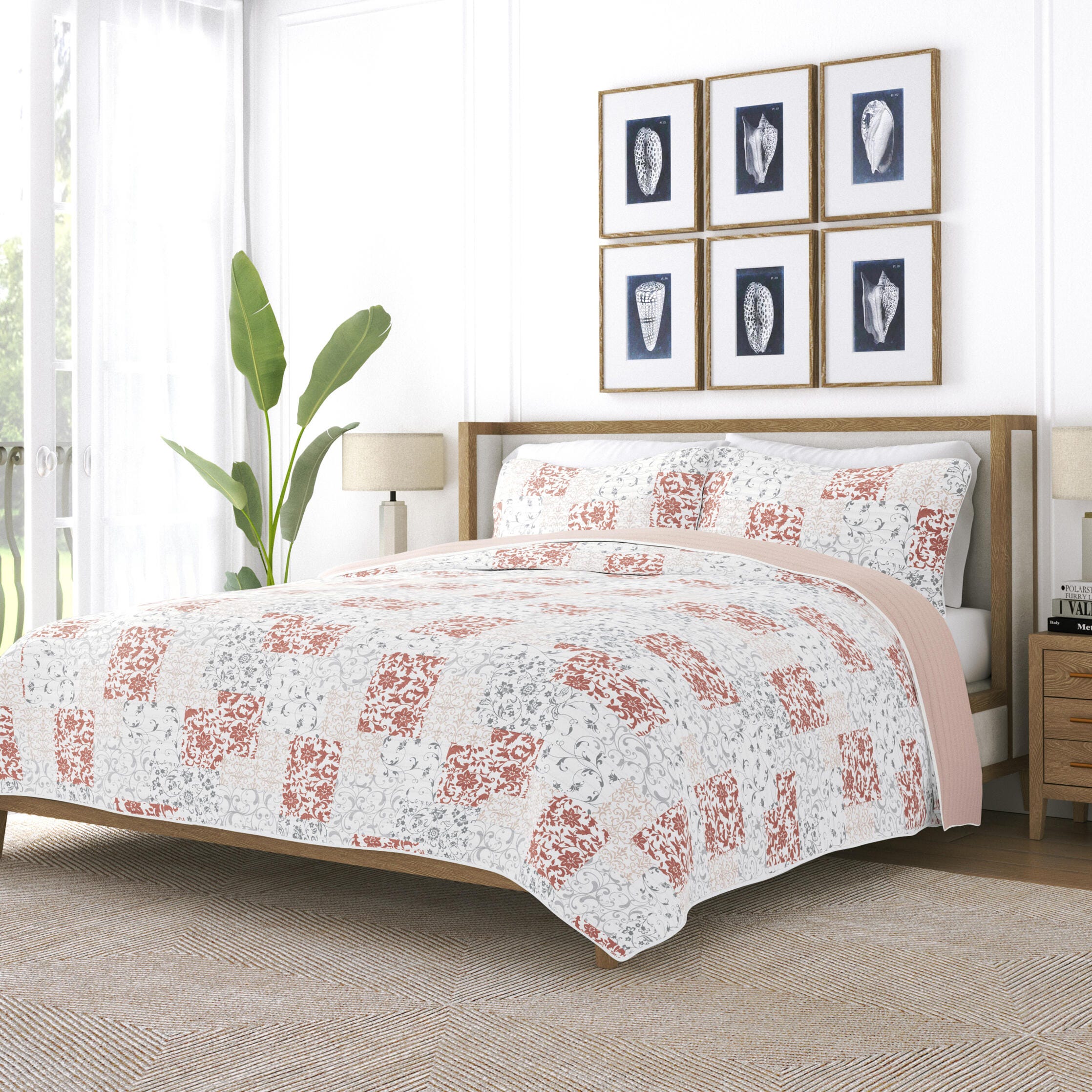 Ienjoy Home All Season 2 Piece Twin/ Twin XL Scrolled Patchwork Reversible Quilt Set with Shams, Blush, large